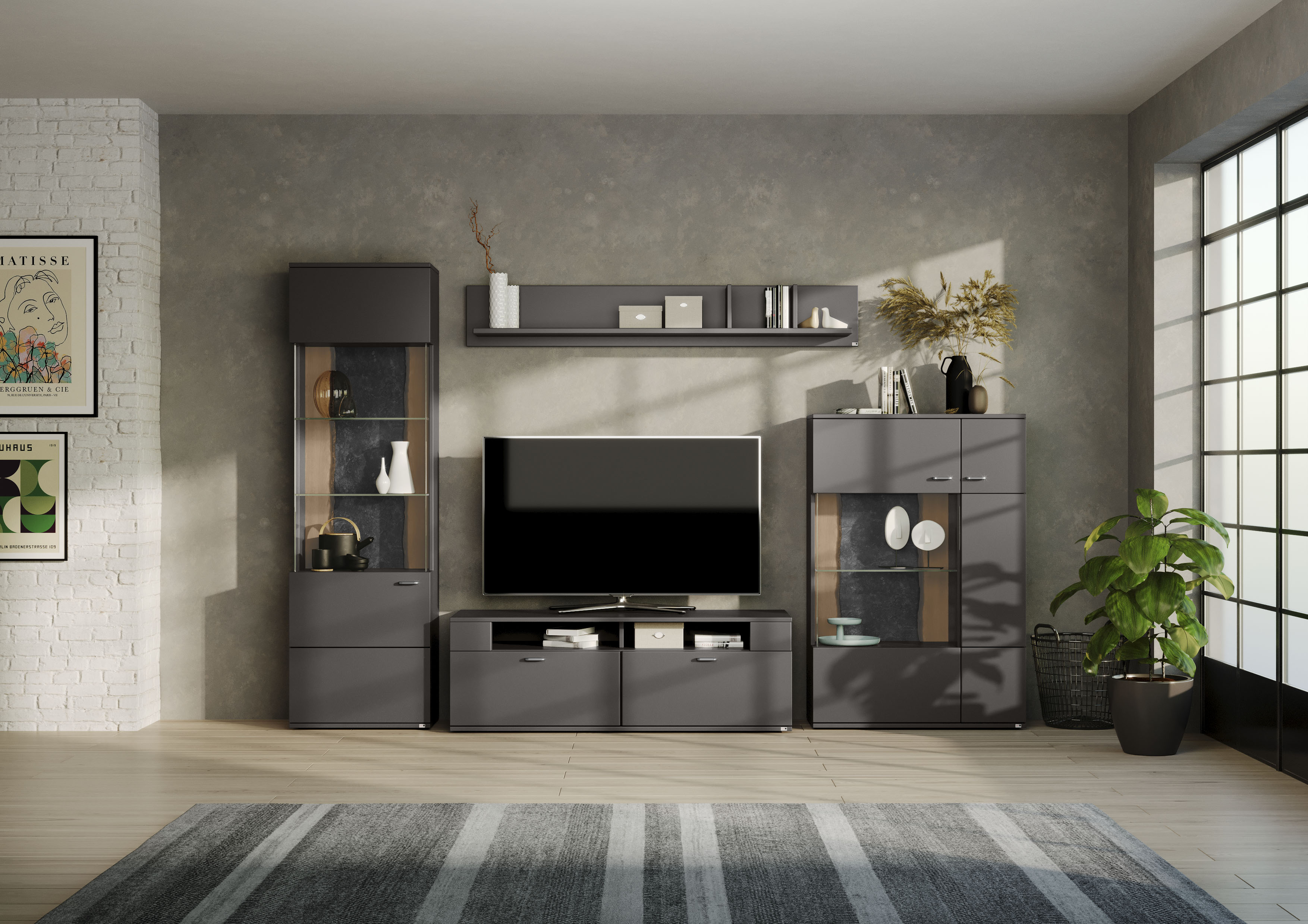 Wohnwand "TACOMA", grau (grafit matt), B:331cm, SET ONE BY MUSTERRING, Kastenmöbel-Sets, Typ 02, mit Wandboard