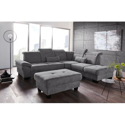 Ecksofa PLACES OF STYLE "Cornwall L-Form", grau, B:283cm H:84cm T:253cm, Struktur fein (100% Polyester), Luxus-Microfaser weich (90% Polyester, 10% Polyamid), Sofas, incl. Sitztiefenverstellung, mit Bettfunktion und Kopfteilverstellung Image