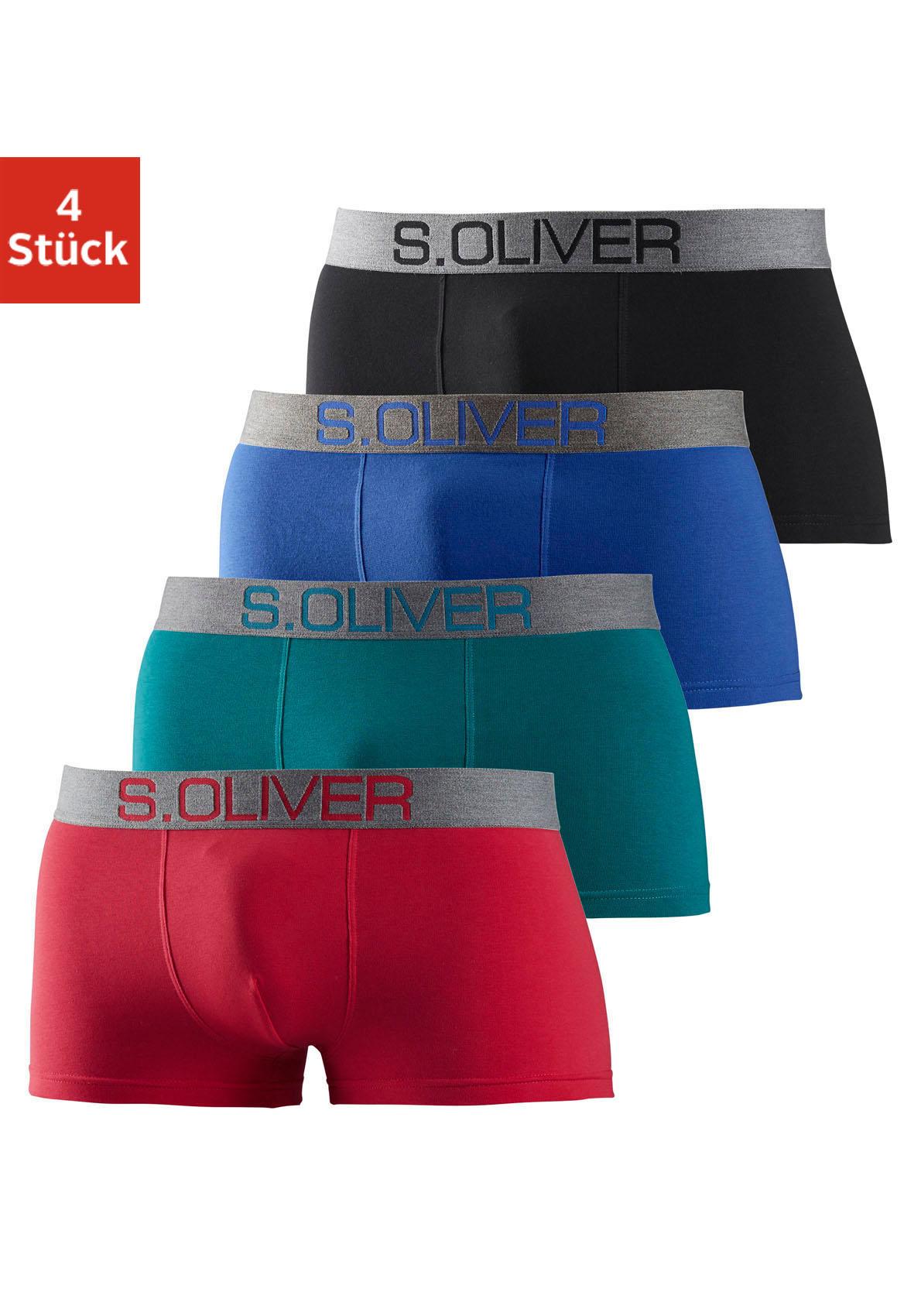 Hipster S.OLIVER, Herren, Gr. S, 4 Stk., bunt (rot, petrol, blau, schwarz), Jersey, Obermaterial: 92% Baumwolle, 8% Elasthan (LYCRA), unifarben, körpernah, Unterhosen, knapp sitzende Boxershorts für Herren aus Baumwoll-Mix