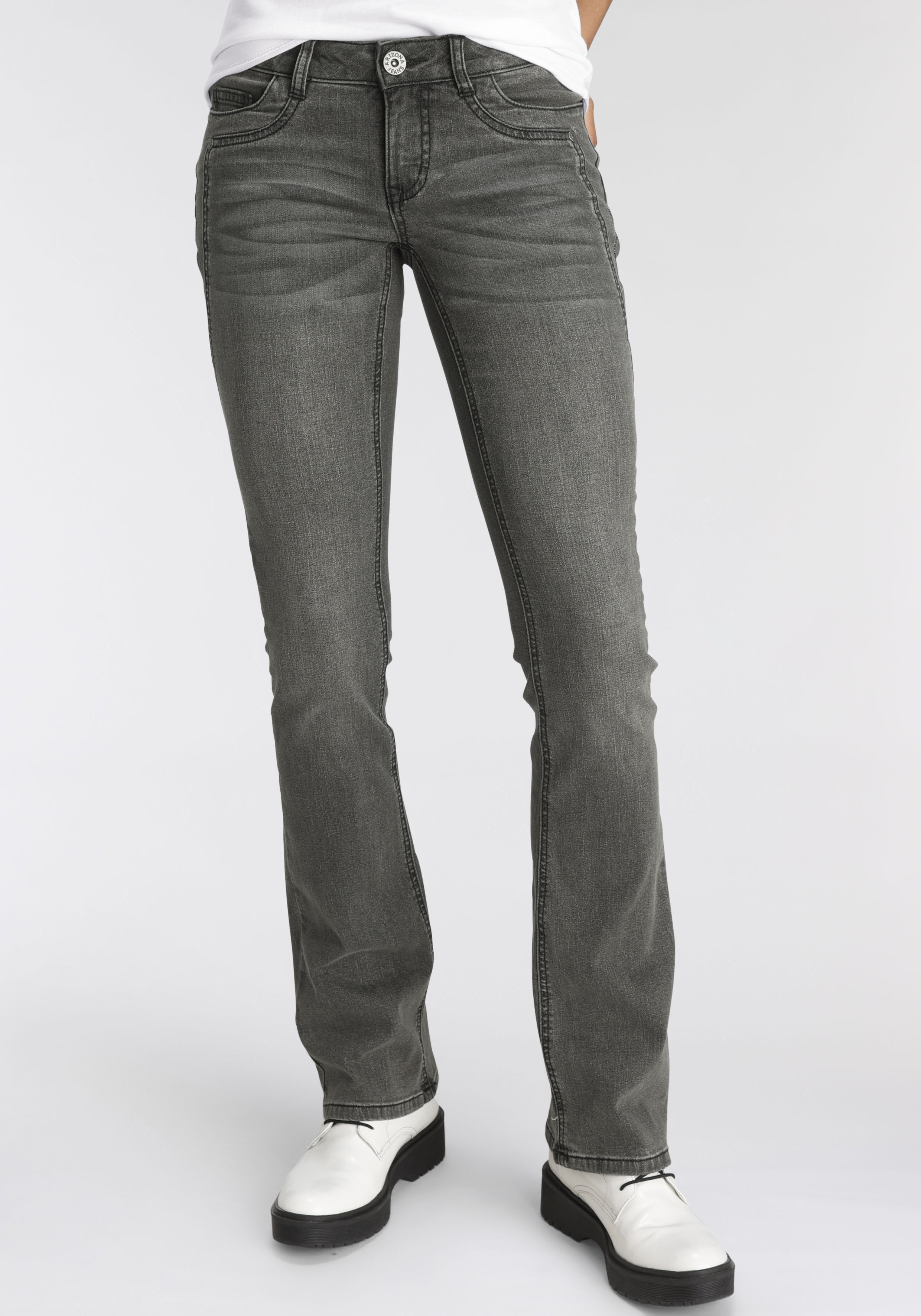 Bootcut-Jeans ARIZONA "mit Keileinsätzen", Damen, Gr. 24, K + L Gr, grau (grau used), Denim/Jeans, Obermaterial: 76% Baumwolle, 16% Polyester, 7% Viskose, 1% Elasthan, Basic, eng lang, Jeans, ausgestellte Beinform, niedrige Leibhöhe, elastisches...