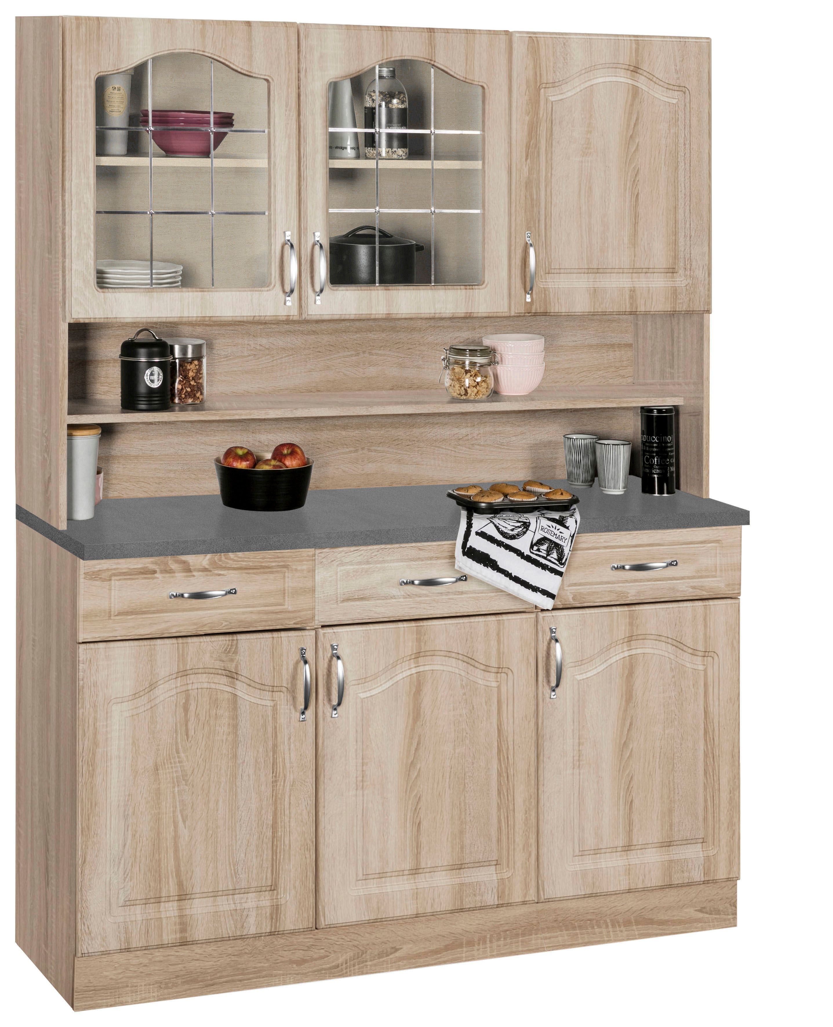 Küchenbuffet WIHO KÜCHEN "Linz", braun (front: landhaus eiche, korpus: sonoma eiche, arbeitsplatte: granit grau), B:120cm H:180cm T:50cm, Schränke, 120 cm breit, in Landhaus-Optik