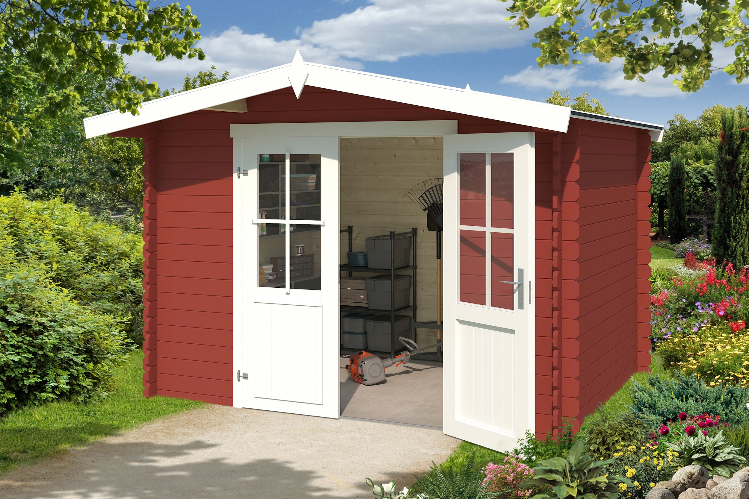 Gartenhaus LASITA MAJA "Baltimore", rot (schwedenrot), ohne Fußboden, ohne Dacheindeckung, Holzwerkstoff, Gartenhäuser, Blochbohlenhaus 28mm, Fundamentmass 2920x2300, Schwedenrot Image