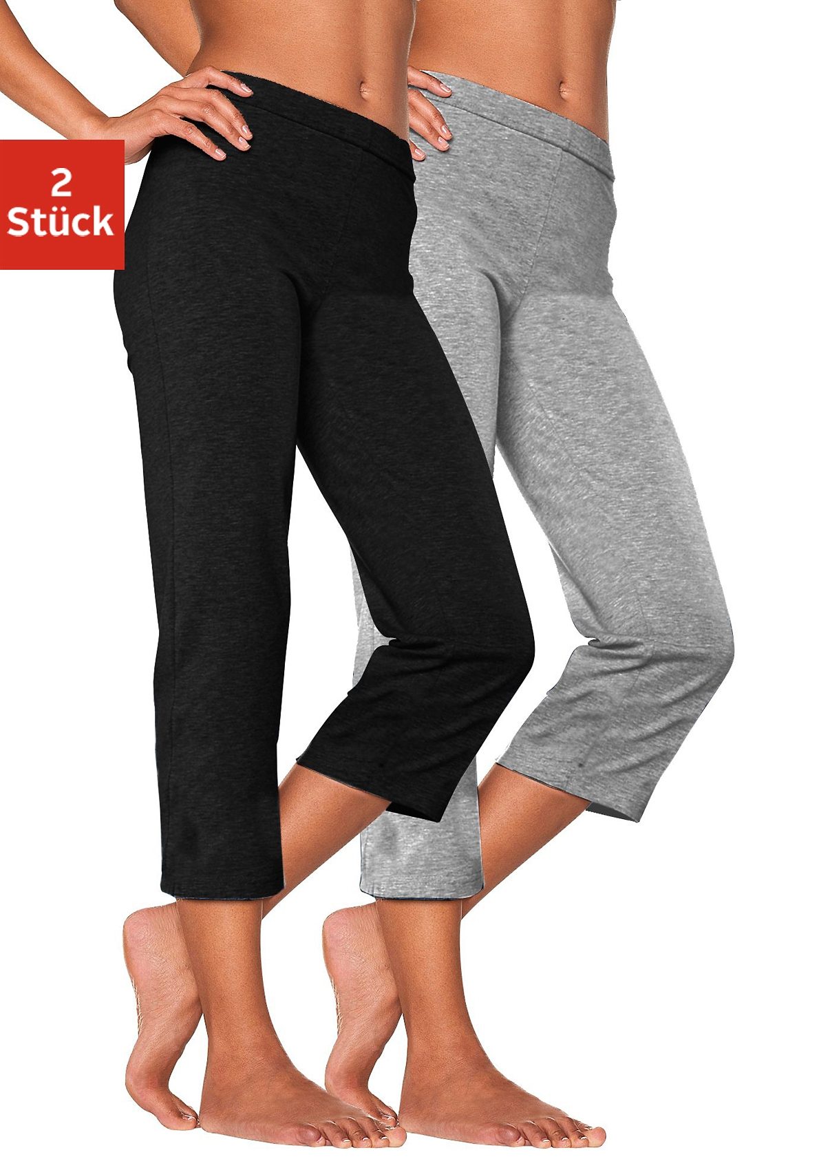 Caprihose VIVANCE ACTIVE, Damen, Gr. 52/54, N-Gr, grau (1x schwarz, 1x grau meliert), Single Jersey, Graumeliert (Obermaterial): 60% Baumwolle, 35% Polyester, 5% Elasthan. Obermaterial: 95% Baumwolle, 5% Elasthan, meliert, unifarben, Basic, eng...