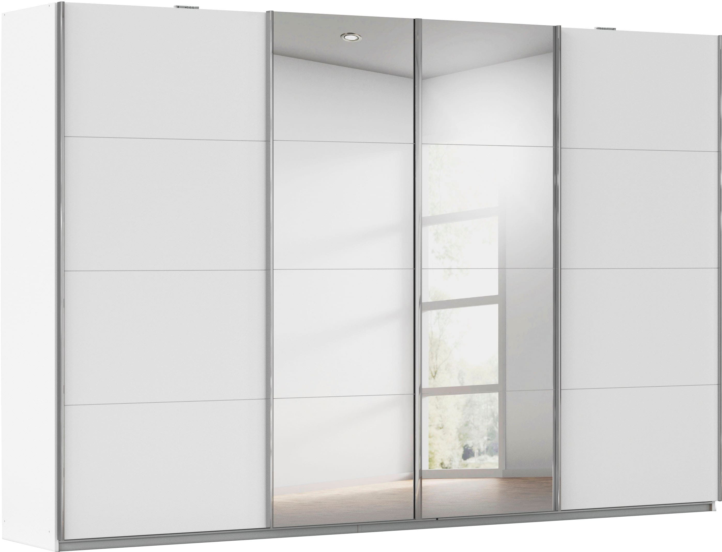 Schwebetürenschrank RAUCH "Kleiderschrank Schrank Garderobe Wäscheschrank Ankleide SYNCRONO", weiß (weiß, spiegel), B:316cm H:211cm T:62cm, Schränke, Schwebetürenschrank, mit Synchronöffnung