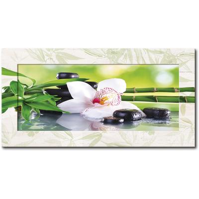 Wandbild ARTLAND "Spa Steine Bambus Zweige Orchidee", grün (farbe bild(er): grün), B:101,4cm H:51,4cm, Papier, MDF, Bilder, 3D Optik gebogen Image