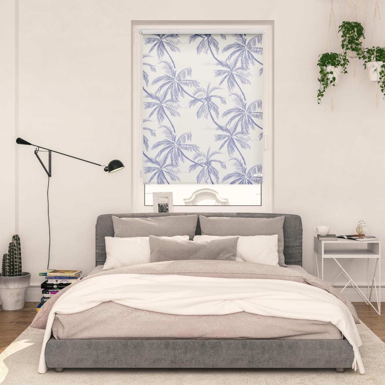 Seitenzugrollo LICHTBLICK ORIGINAL "Rollo Klemmfix, ohne Bohren, Verdunkelung, Blueprint Palms - Blau", blau (blau, weiß), B:100cm H:150cm, Polyester, Rollos Image