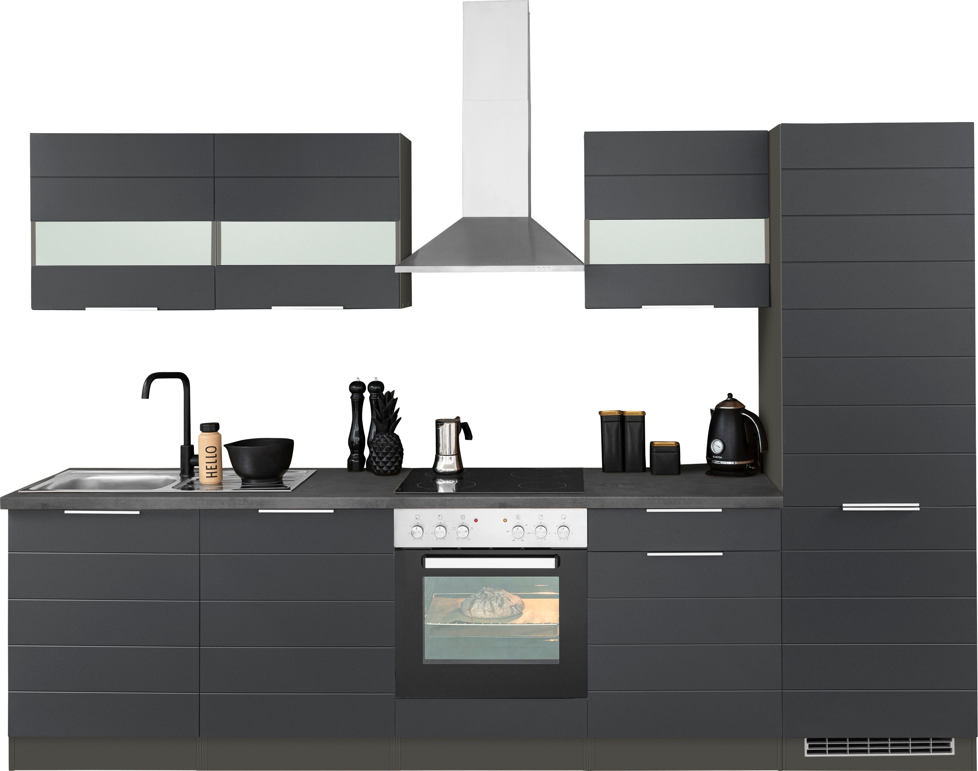 Küchenzeile KOCHSTATION "KS-Luhe", grau (küche: grau, front: weiß matt, korpus: grafit, arbeitsplatte: betongrau), B:300cm T:60cm, Komplettküchen-Sets, Küchenzeile, 300 cm breit, wahlweise mit oder ohne E-Geräten, gefräste MDF-Fronten Image