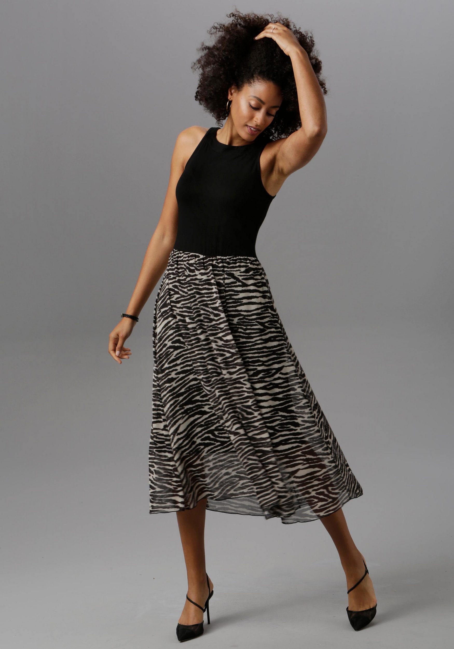 Partykleid ANISTON SELECTED, Damen, Gr. 34, N-Gr, schwarz (schwarz, sand), Jersey, Obermaterial: 95% Viskose, 5% Elasthan. Chiffon: 100% Polyester. Futter: 95% Viskose, 5% Elasthan. Rock: 100% Polyester, animal-print, gemustert, festlich,...