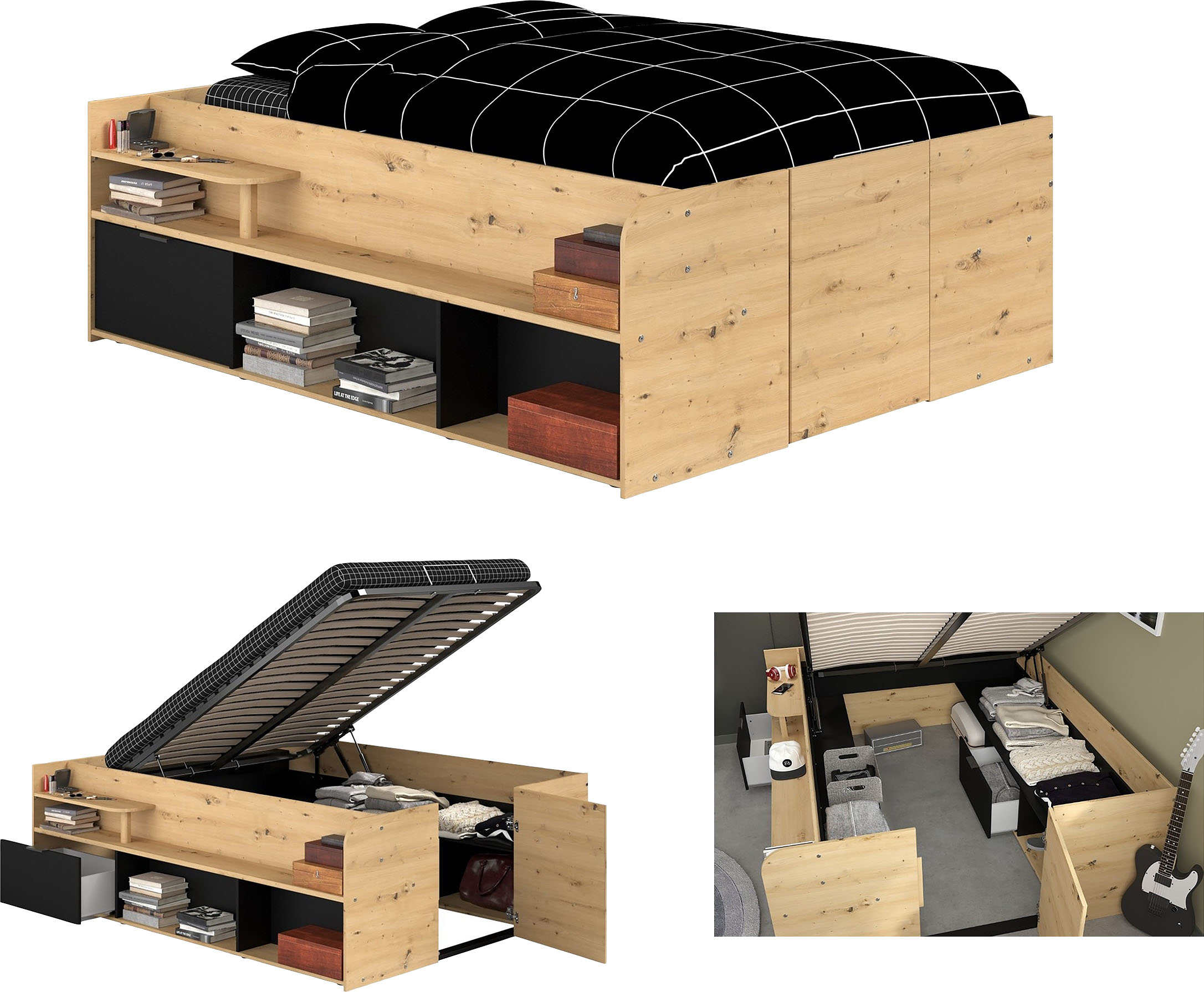 Stauraumbett PARISOT "Travel, maximaler Stauraum, wie ein begehbarer Kleiderschrank", braun (artisan eiche), B:166cm H:66,5cm L:205cm, Betten, Ablageflächen, hydraulischer Bettkasten mit Regalen, Schublade, Tür