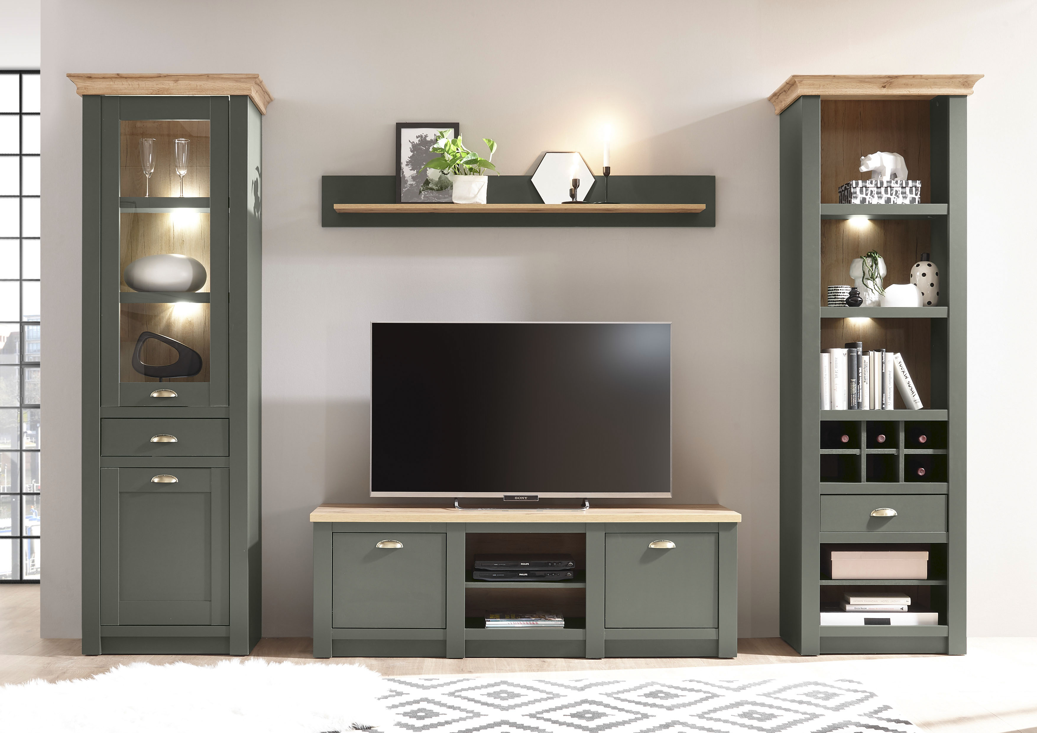 Wohnwand HOME AFFAIRE "Cambridge", grün (grün, grün, applikation wotan eiche dekor), B:308cm, Holzwerkstoff, Kastenmöbel-Sets, Wohnwand, ohne Beleuchtung