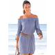 Blusenkleid LASCANA Gr. 44, N-Gr, blau (blau, weiß) Damen Kleider Strandkleider mit Streifendruck und Carmenausschnitt, Sommerkleid, Strandkleid