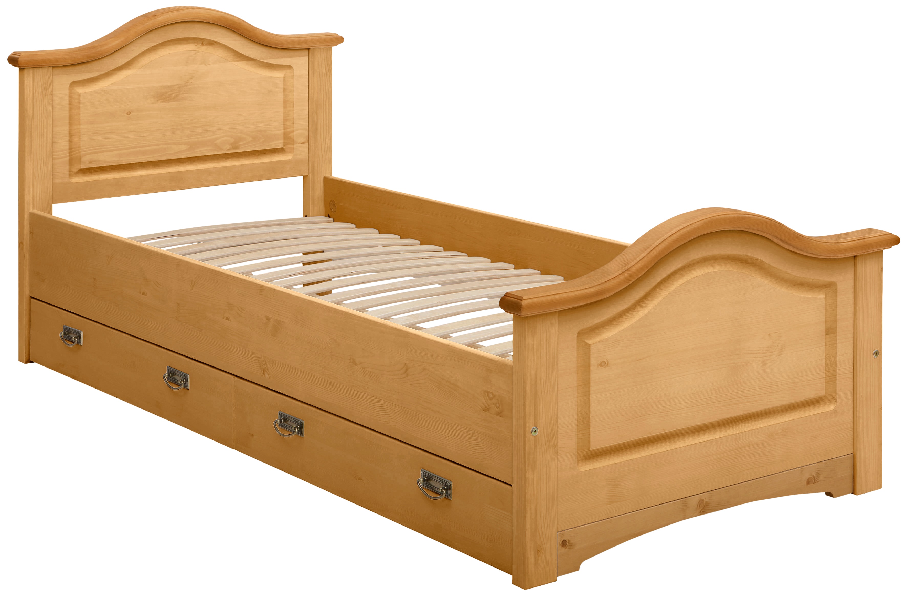 Massivholzbett OTTO HOME "Konrad, Stauraumbett, Messinggriffe, rustikaler Landhausstil", beige (natur), B:103cm H:90cm L:209cm, Betten, Massivholzbett, mit FSC-zertifiziertem Massivholz, Liegehöhe 40 cm