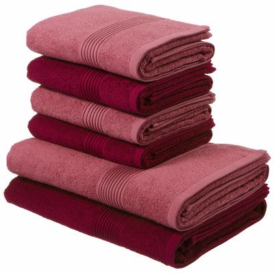 Handtuch Set MY HOME "Anna, 2 Duschtücher 70x140, 4 Handtücher 50x100", rot (bordeaux, beere), 6 tlg., Walkfrottee, Walkfrottee, Obermaterial: 100% Baumwolle, Handtuch-Sets, Handtuch-Set, gestreifte Bordüre, 100% Baumwolle, zweifarbig Image