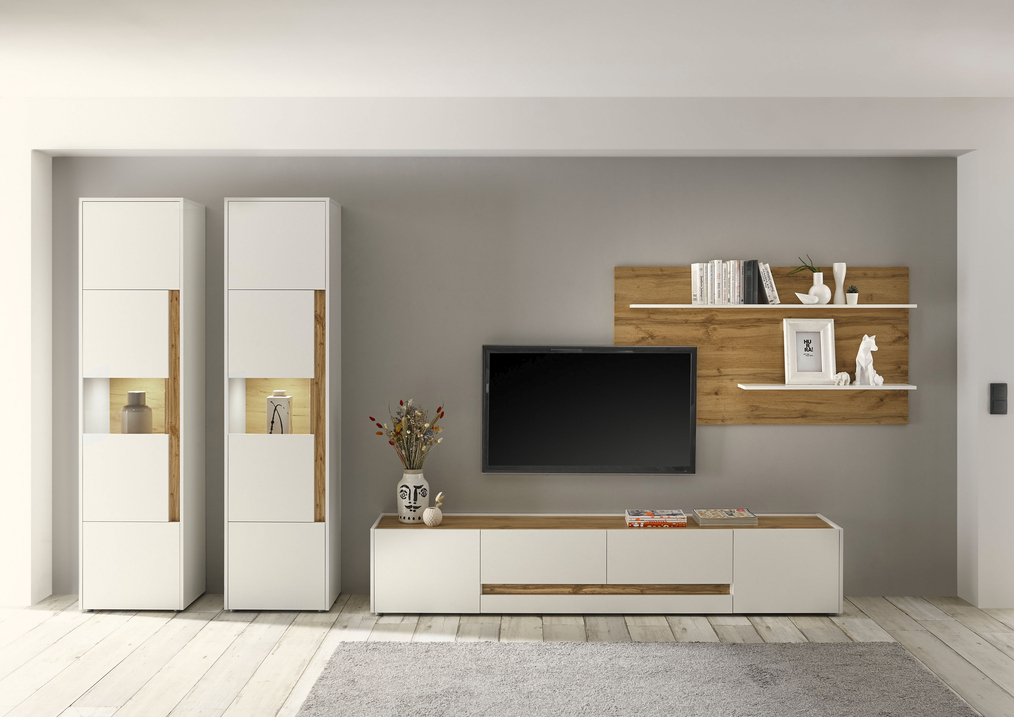 Wohnwand INOSIGN "City/Giron, moderne Anbauwand, Komplettset in vielen Farben verfügbar", weiß, B:400cm H:197cm T:45cm, Holzwerkstoff, Kastenmöbel-Sets, Wohnwand, enthält zwei Vitrinen, ein Lowboard & ein Wandboard