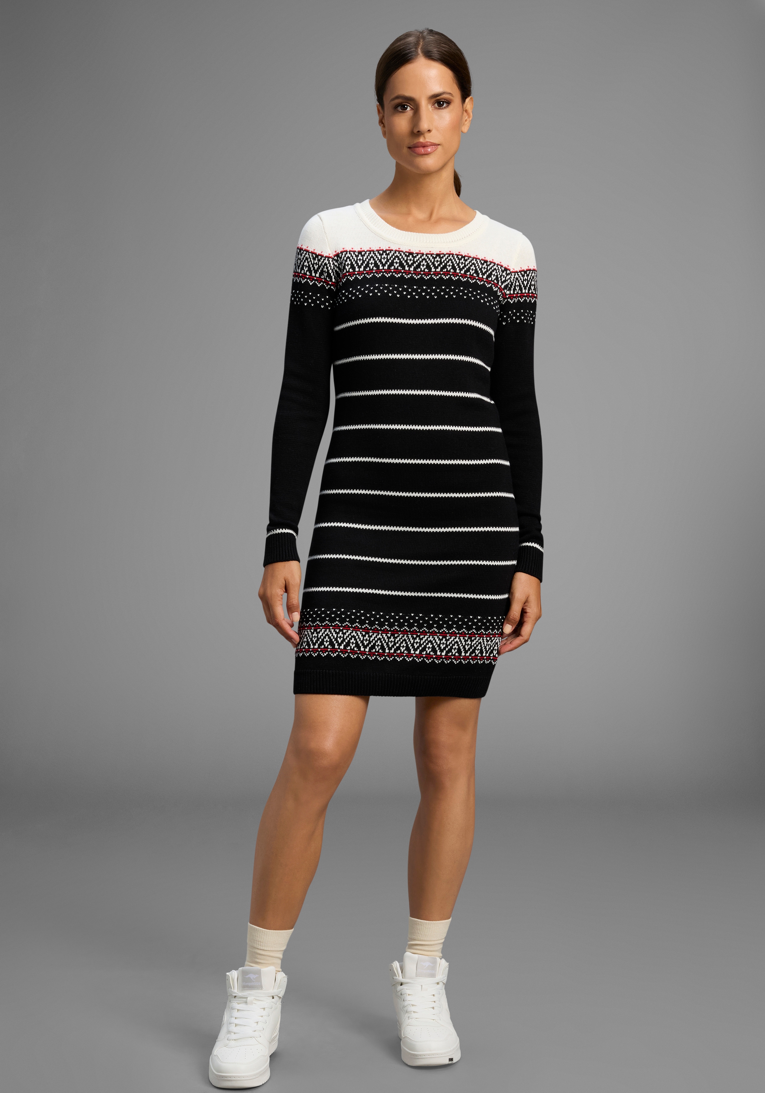 Strickkleid KANGAROOS, Damen, Gr. 34, N-Gr, schwarz (schwarz gemustert), Strick, Obermaterial: 50% Baumwolle, 50% Polyacryl, gemustert, figurbetont mini, Rundhals, Rippbündchen, Kleider Strickkleid, figurbetont, im Norweger-Stil, aus...