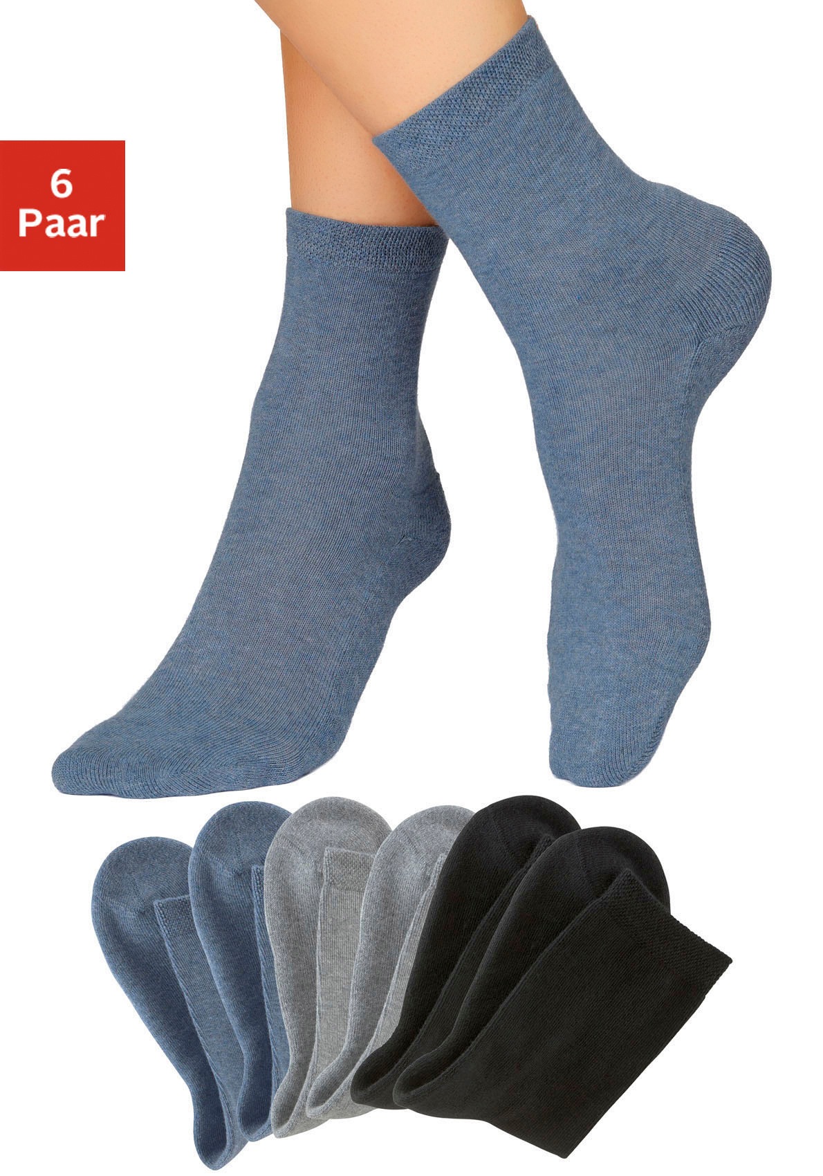 Socken H.I.S, Damen, Gr. 35-38, bunt (2x schwarz, 2x jeans, melange, 2x grau, melange), Baumwolle, Elasthan, Polyamid, uni und melange, elastisch, Socken, mit bequemem Frottee