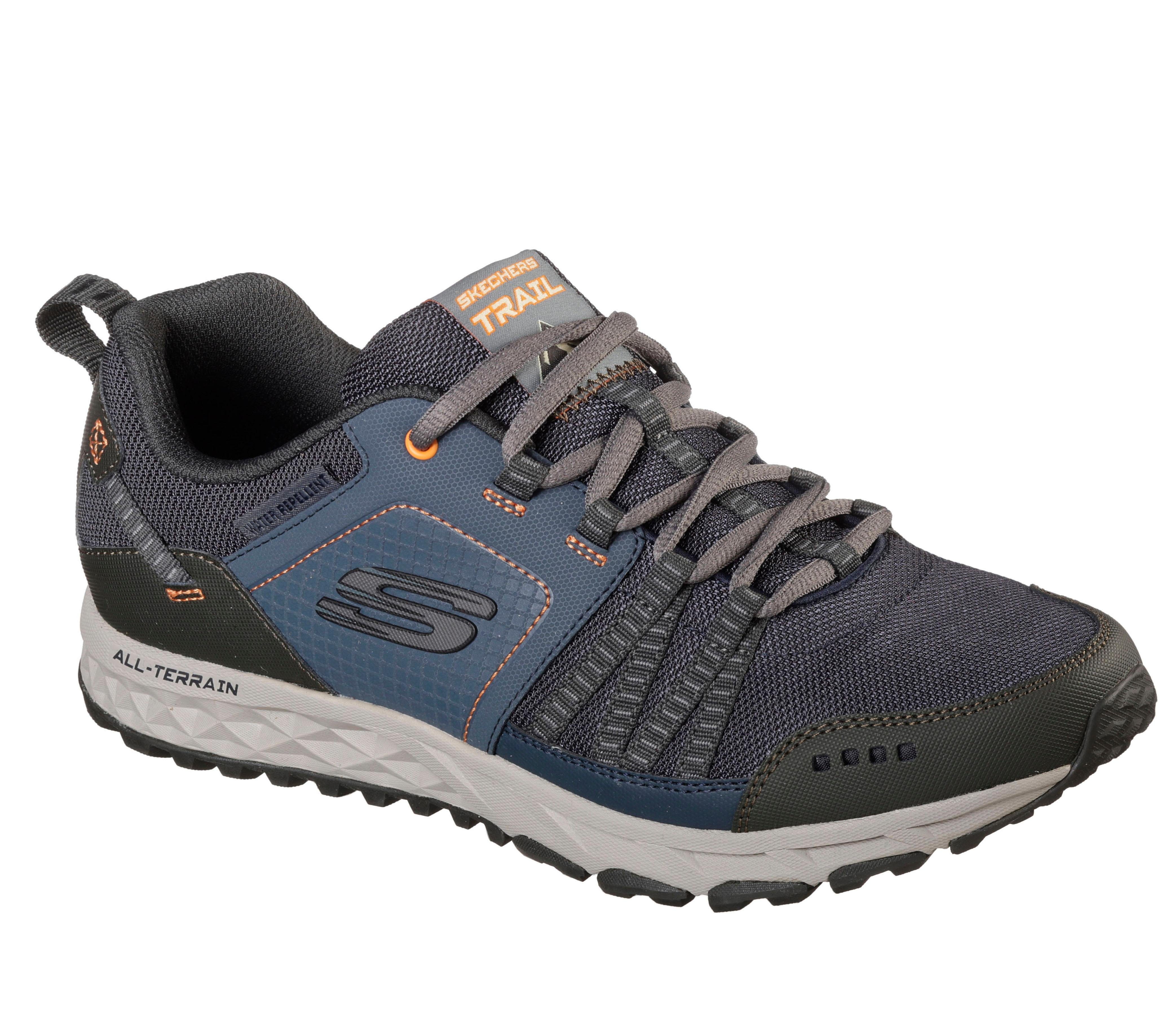 Sneaker SKECHERS "Escape Plan", Damen, Gr. 44, blau (navy), Leder, Textil, Schuhe Sneaker, mit wasserabweisendem Material, Freizeitschuh, Halbschuh, Schnürer, Topseller