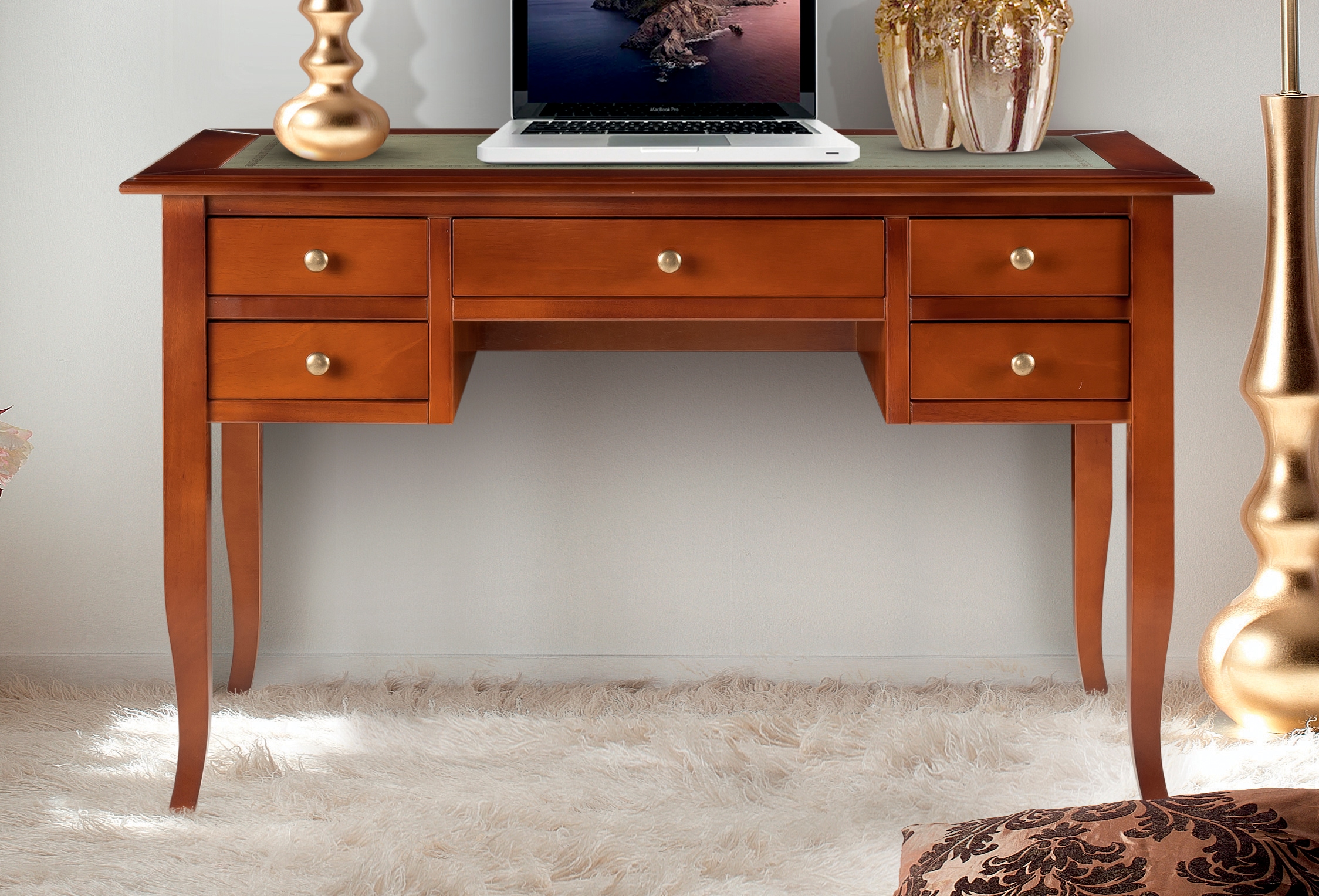 Schreibtisch HOME AFFAIRE "Conte, Bürotisch mit Schubladen und Knopfgriffen", braun (nuss, nuss, nuss), B:131cm H:79cm T:63cm, Tische, Breite 131 cm, Tischplatte teilweise aus Kunstleder