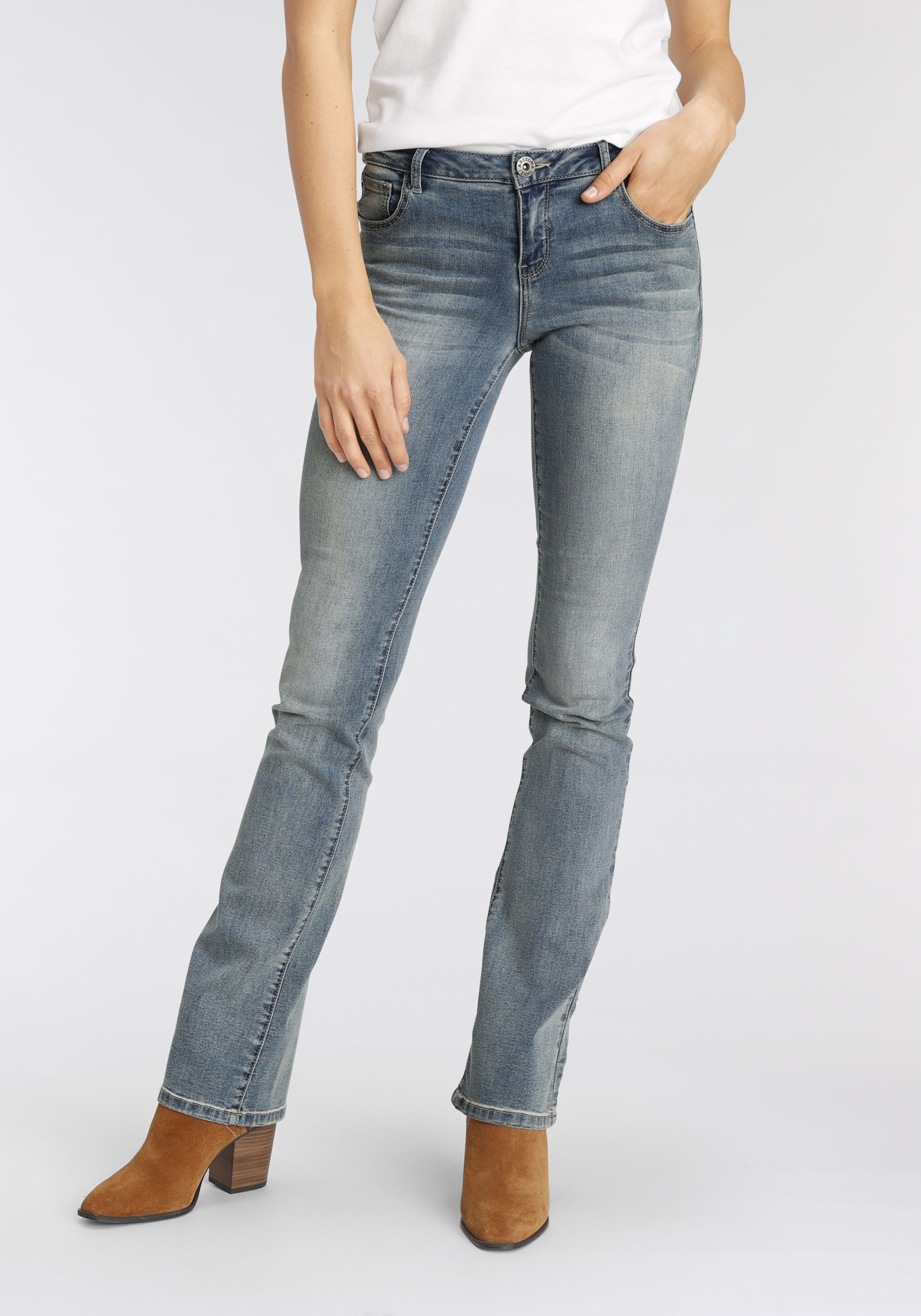 Bootcut-Jeans ARIZONA "Ultra-Stretch", Damen, Gr. 17, K + L Gr, blau (blau used), Denim/Jeans, Obermaterial: 74% Baumwolle, 24% Polyester, 2% Elasthan, Basic, extraeng lang, Jeans, normale Passform, Baby-Bootcut, Used-Look-Waschung