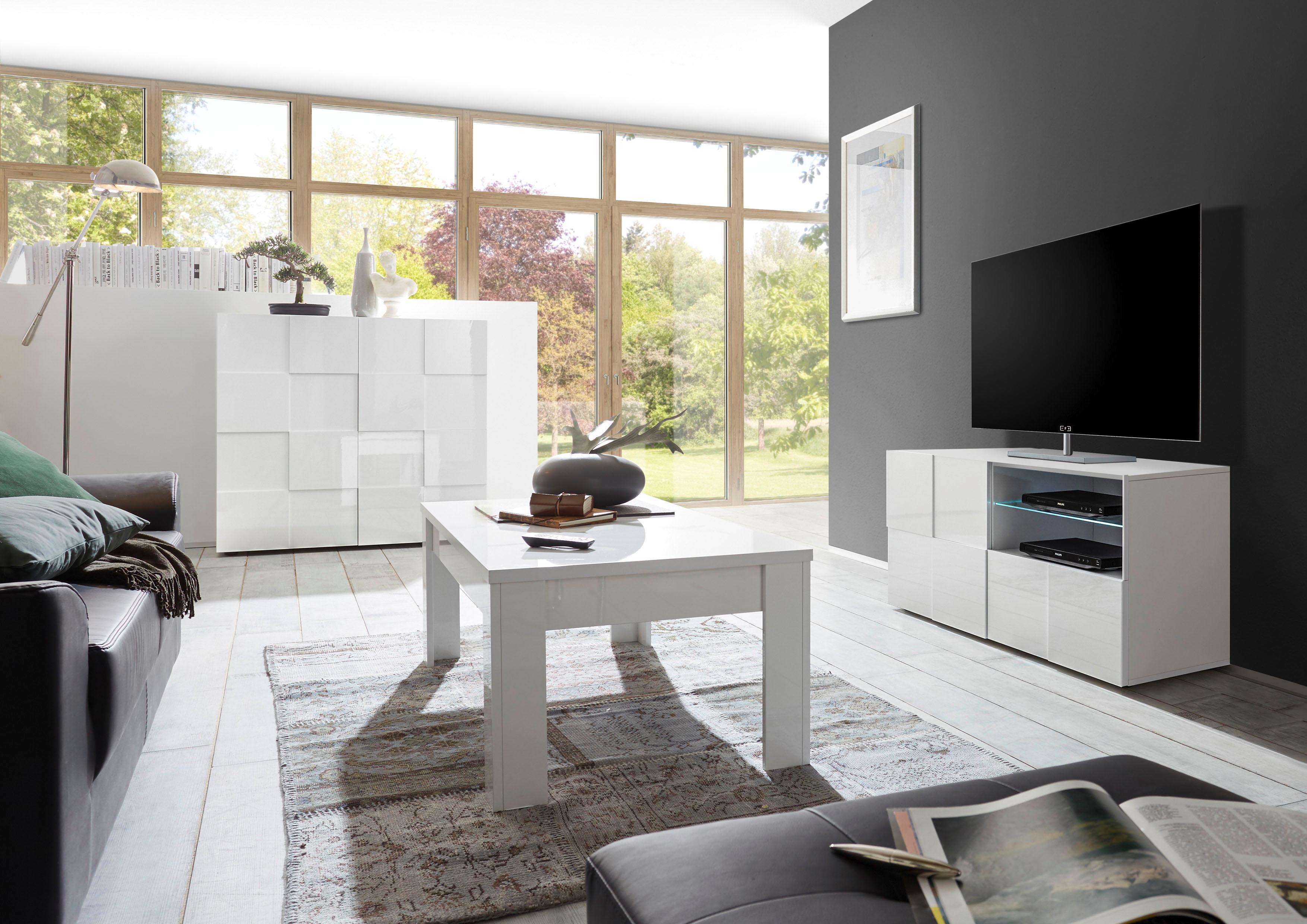 Lowboard INOSIGN "Dama Breite 121 cm, TV-Board 1 Tür, 1 Schubkasten, TV-Schrank", weiß (weiß hochglanz lack), Sideboards, Front in 3D-Optik, grifflos, verschiedene Farben