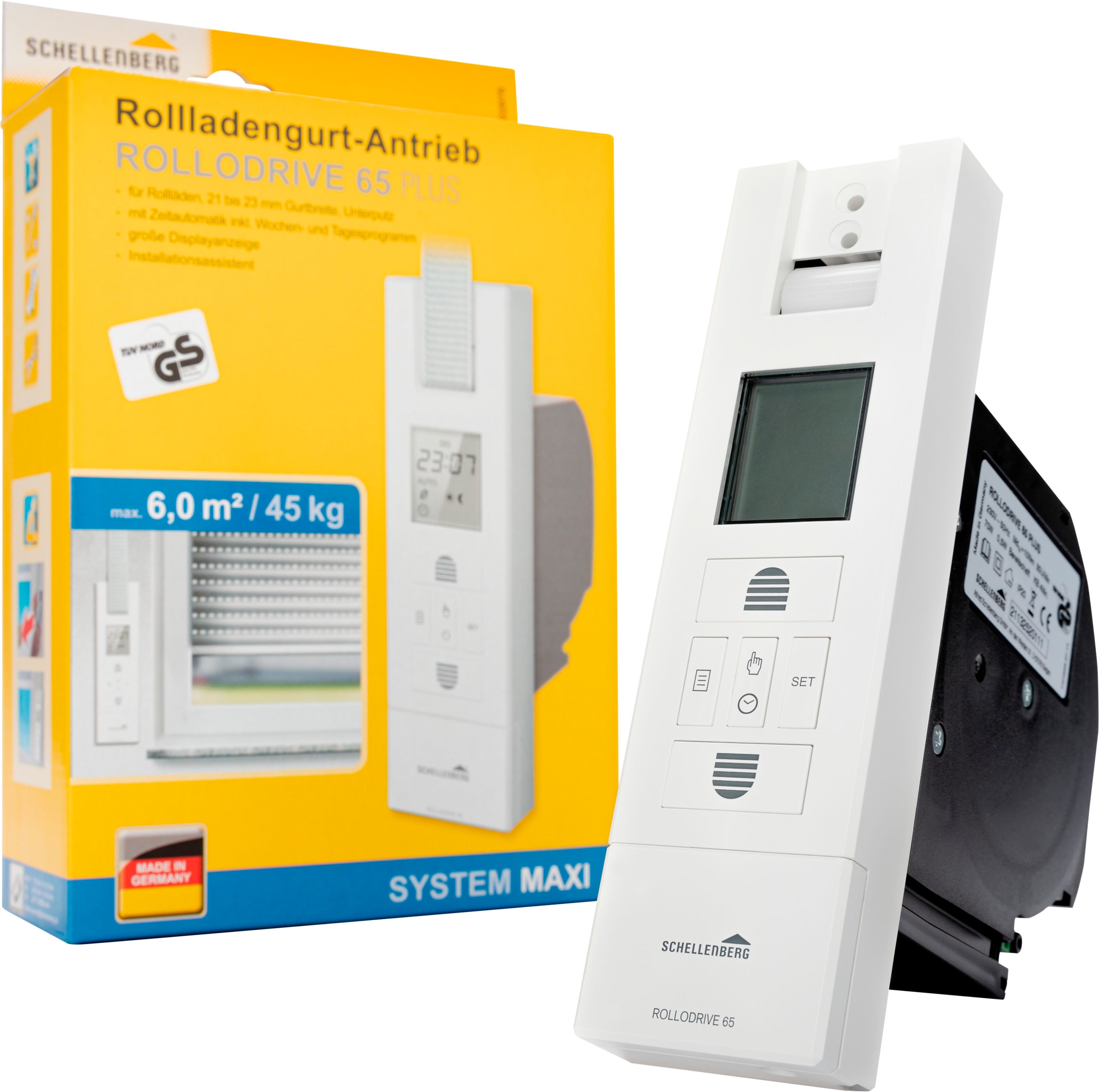 Rollladengurt-Antrieb SCHELLENBERG "Unterputz, elektrischer Gurtwickler RolloDrive 65 Plus", weiß, B:5,9cm H:21cm T:16,6cm, Gurtwickler, bis 4 m² Fläche und 12 kg Zugkraft, Rollladensystem Maxi