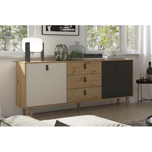 „Sideboard BYLIVING „“Bill““ Sideboards Gr. B/H/T: 180 cm x 77 cm x 36,5 cm, 3, braun (eiche, farbend) Sideboards Breite 120 oder 180 cm, Füße aus Eiche Massivholz“