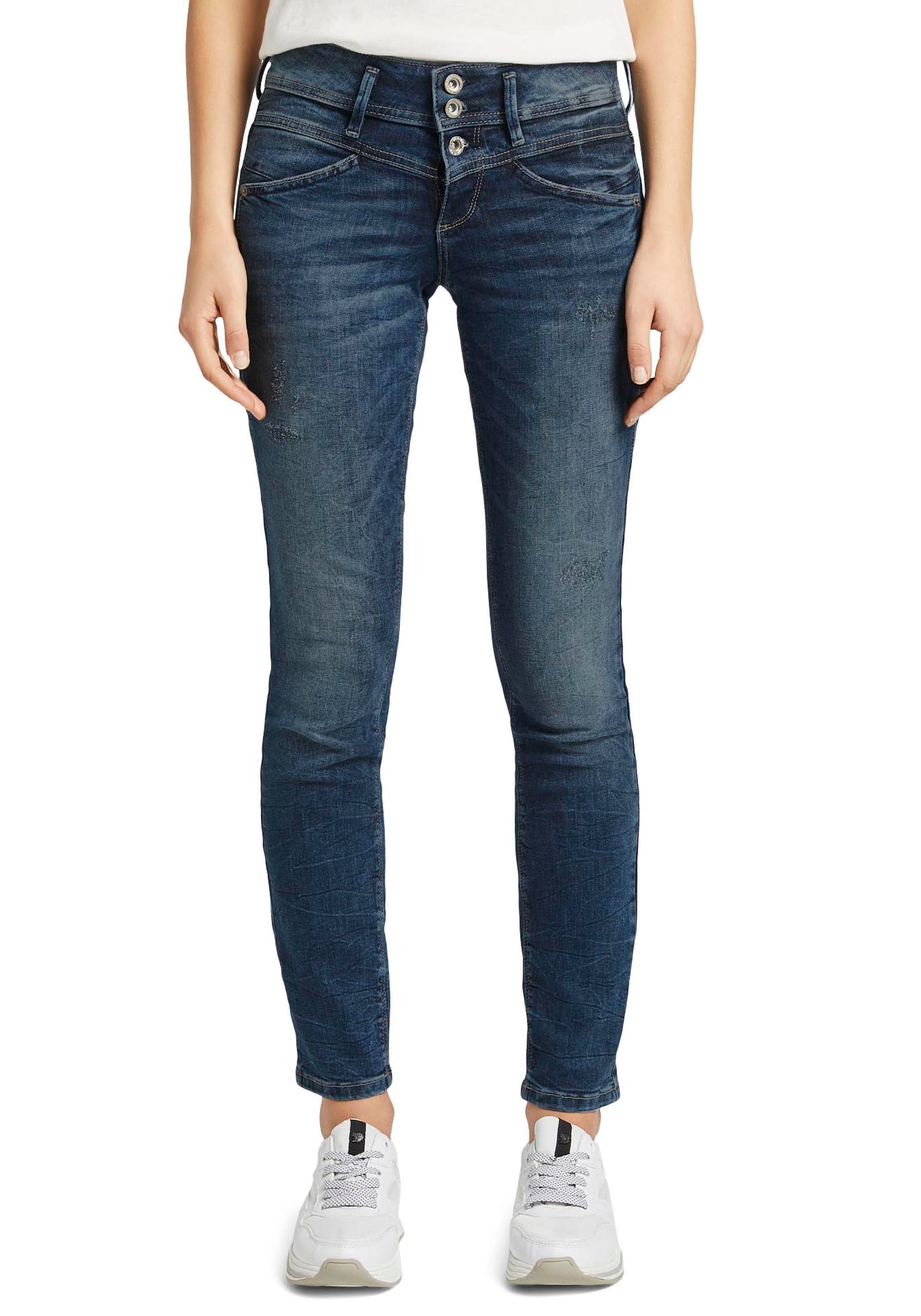 Slim-fit-Jeans TOM TAILOR "Alexa Slim", Damen, Gr. 30, Länge 30, blau (random bleached), Denim/Jeans, Obermaterial: 98% Baumwolle, 2% Elasthan, Jeans, mit Knopfleiste und dekorativ gesteppter Passe Image