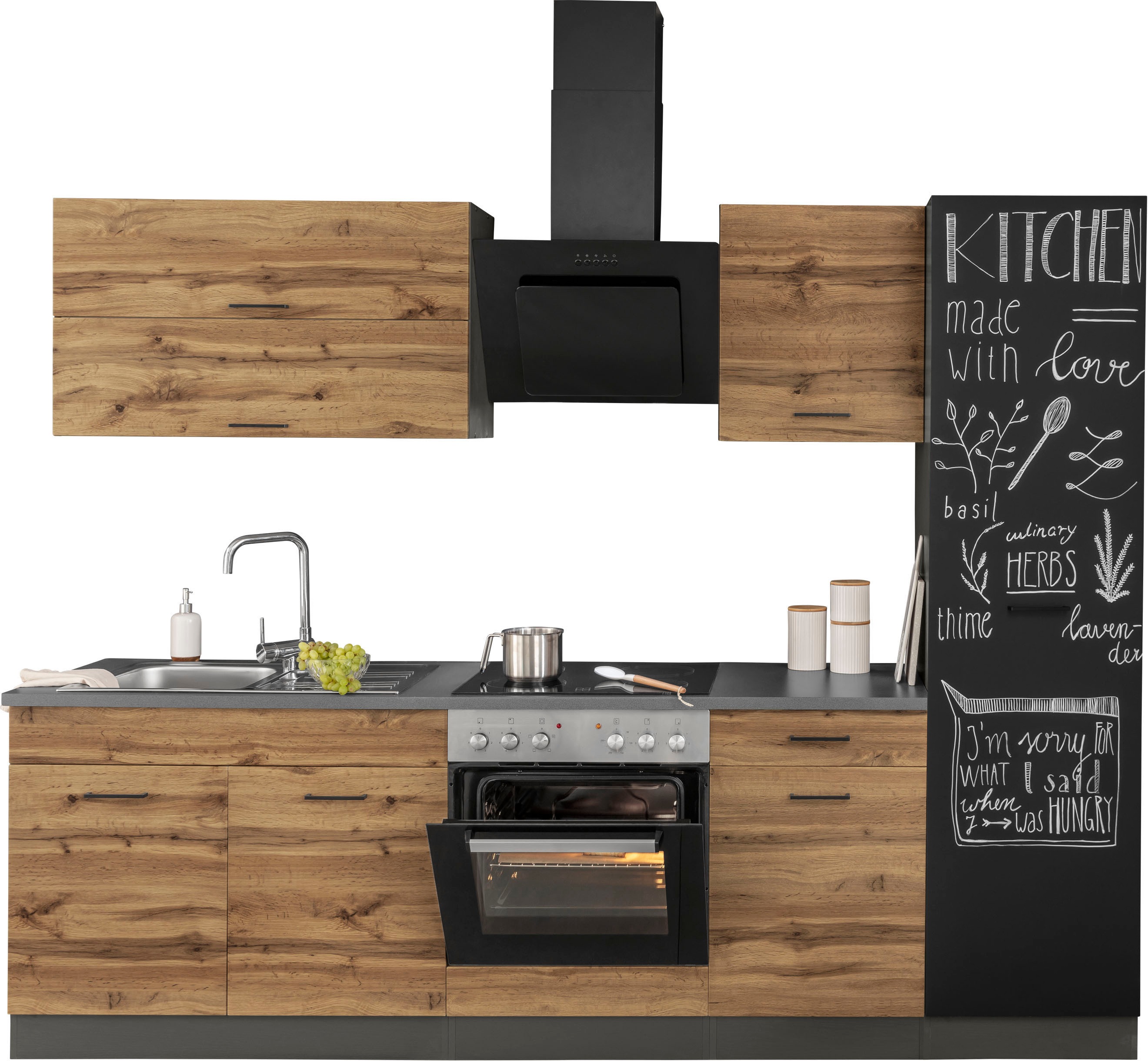 Küchenzeile KOCHSTATION "KS-Trier", grau (küche: grau, korpus: grafit, arbeitsplatte: anthrazit), B:260cm T:60cm, Komplettküchen-Sets, Küchenzeile, ohne E-Geräte, Breite 260 cm