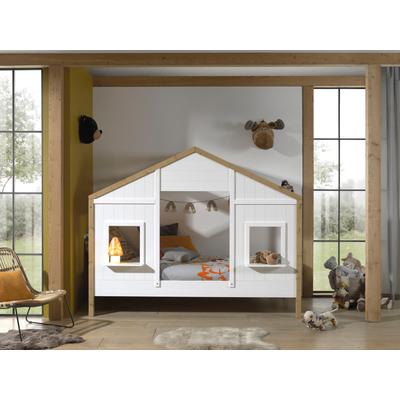 Hausbett VIPACK "Babs, mit Dachaufbau, Fenstern, Made in Europe, originelle Optik", braun (weiß, kiefer oak), B:97cm H:170cm L:210cm, Betten, Hochbett, inklusive Rolllattenrost und wahlweise mit Bettschublade