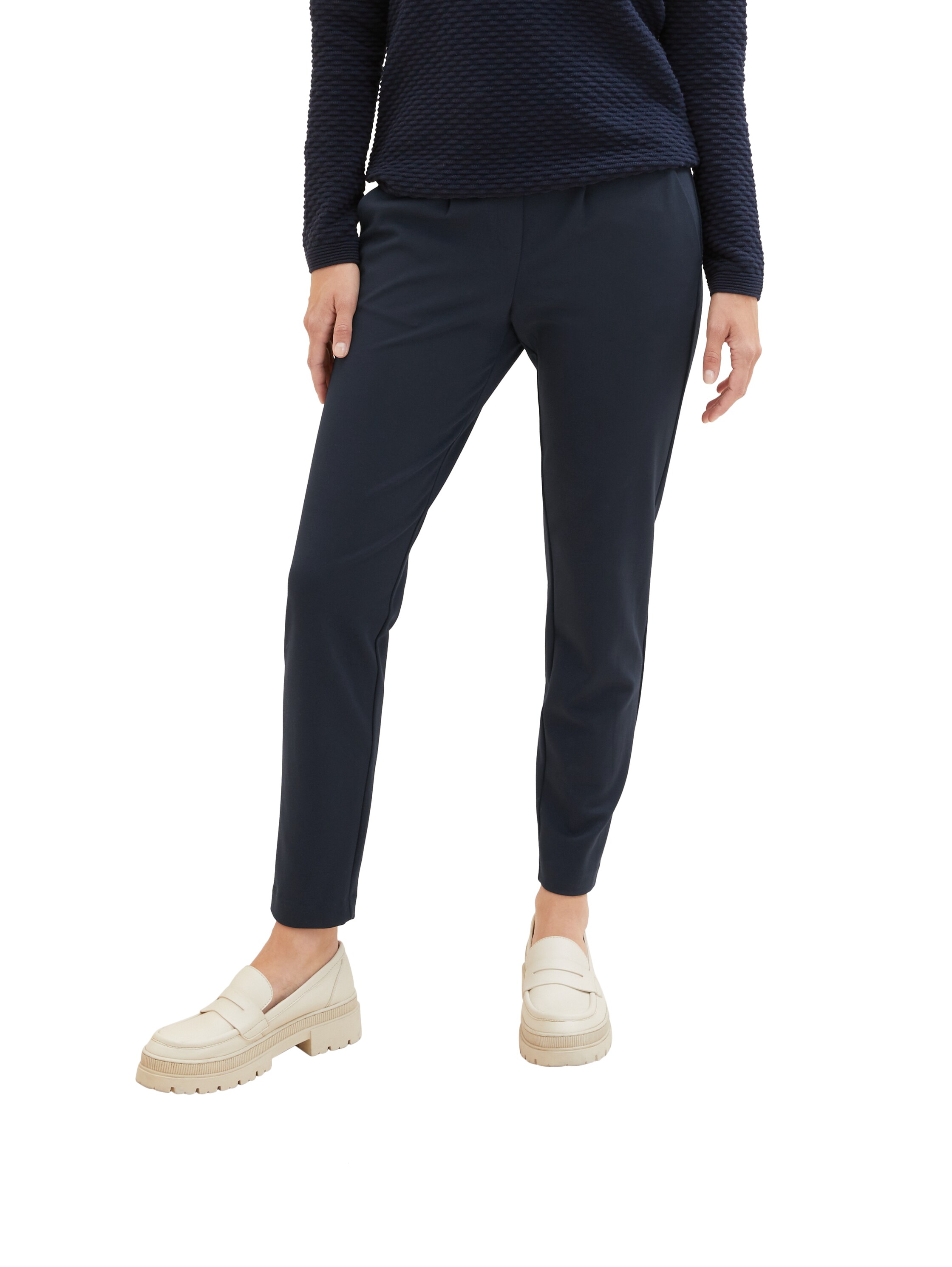 Jogger Pants TOM TAILOR, Damen, Gr. 44, Länge 32, blau (marine), Jersey, Obermaterial: 60% Viskose, 34% Polyamid, 6% Elasthan, unifarben, lässig geschnitten lang, Hosen, mit Bundfalten