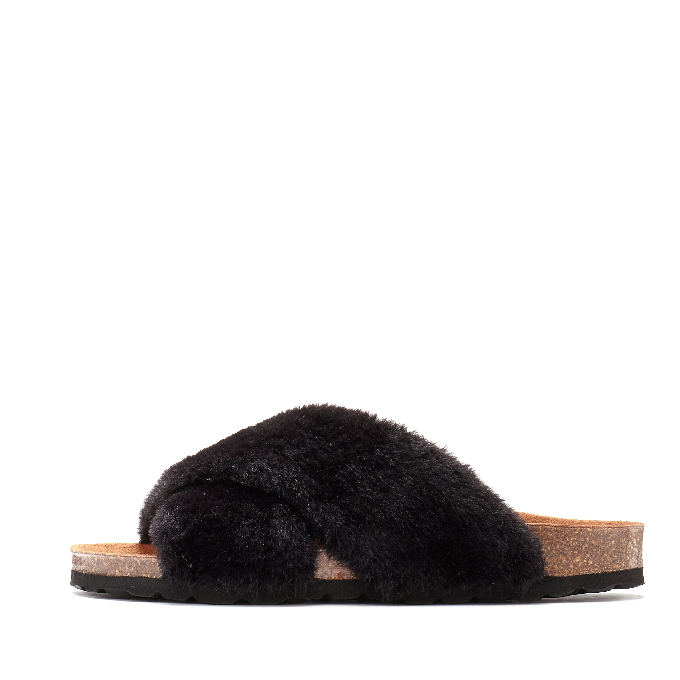 Hausschuh LASCANA "Mule, Sandale, offener Schuh, Pantolette", Damen, Gr. 36, schwarz, Obermaterial: 100% Synthetik. Futter: 100% Lederimitat. Decksohle: 100% Rindsleder. Laufsohle: 100% Synthetik, Fellimitat, Casual, Schuhe, mit Korkfußbett und...