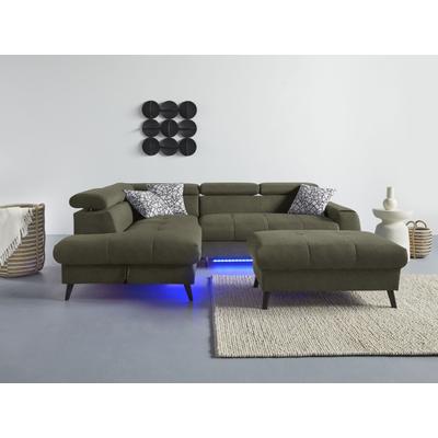 Ecksofa COTTA "Mia L-Form mit 3 Zierkissen", grün (turtle), B:244cm H:74cm T:193cm, 100% Polyester, Sofas, wahlweise mit Bettfunktion, Bettkasten, Beleuchtung & Wireless-Charger Image