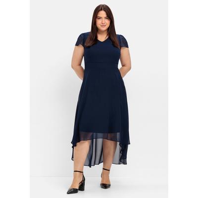Abendkleid SHEEGO "Große Größen", Damen, Gr. 54, Normalgrößen, blau (marine), Obermaterial: 100% Polyester;Futter: 100% Polyester, unifarben, feminin, figurbetont knieumspielend, V-Ausschnitt, Kurzarm Flügelärmel, Kleider Partykleid, mit Flügelärmeln Image