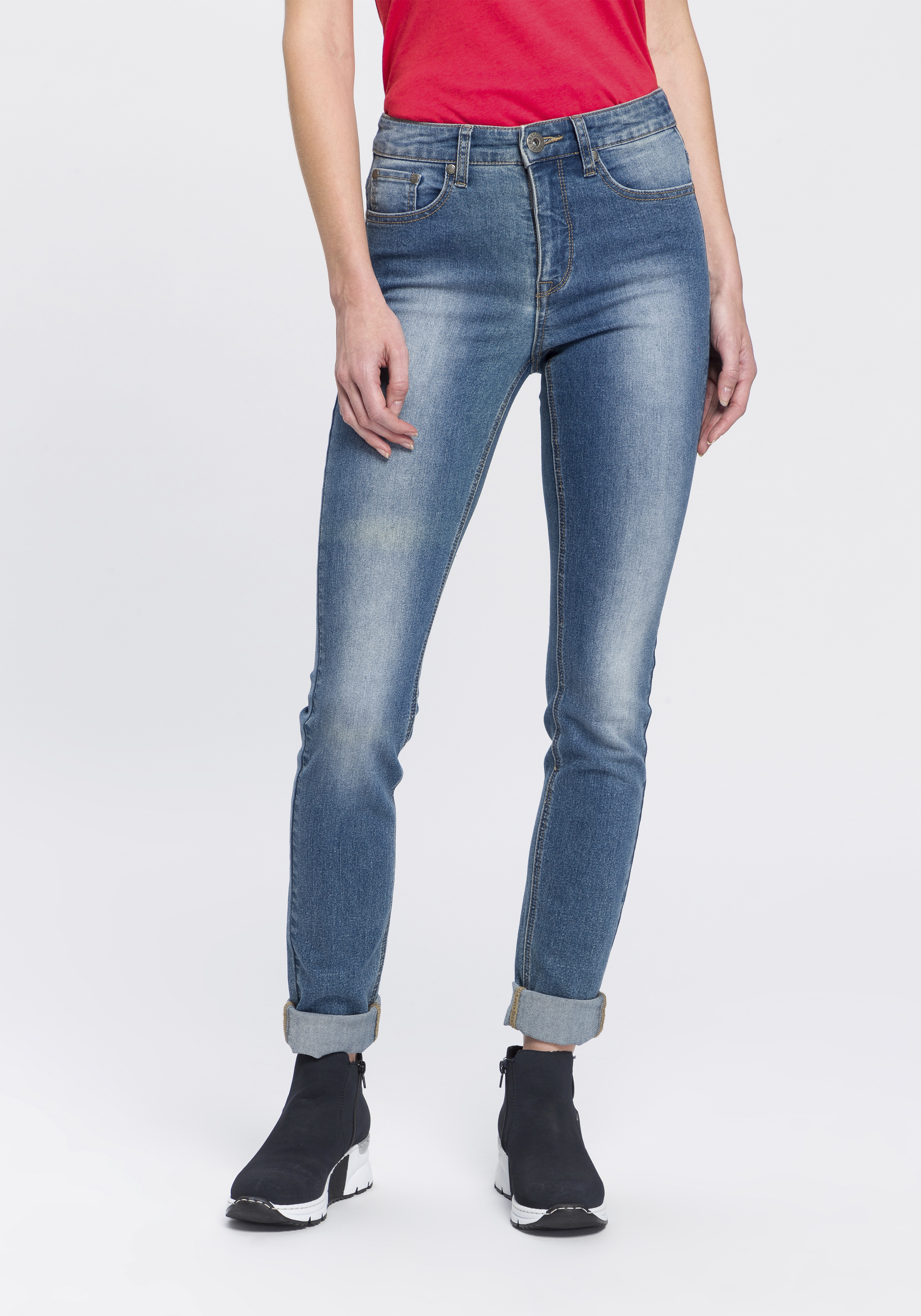 Slim-fit-Jeans ARIZONA "Shaping", Damen, Gr. 44, N-Gr, blau (blau used), Jeans, Obermaterial: 79% Baumwolle, 19% Polyester, 2% Elasthan, Basic, sehr schmal lang, Jeans, enge Passform, Röhrenjeans, Used-Look-Waschung, hohe Leibhöhe, Topseller Image