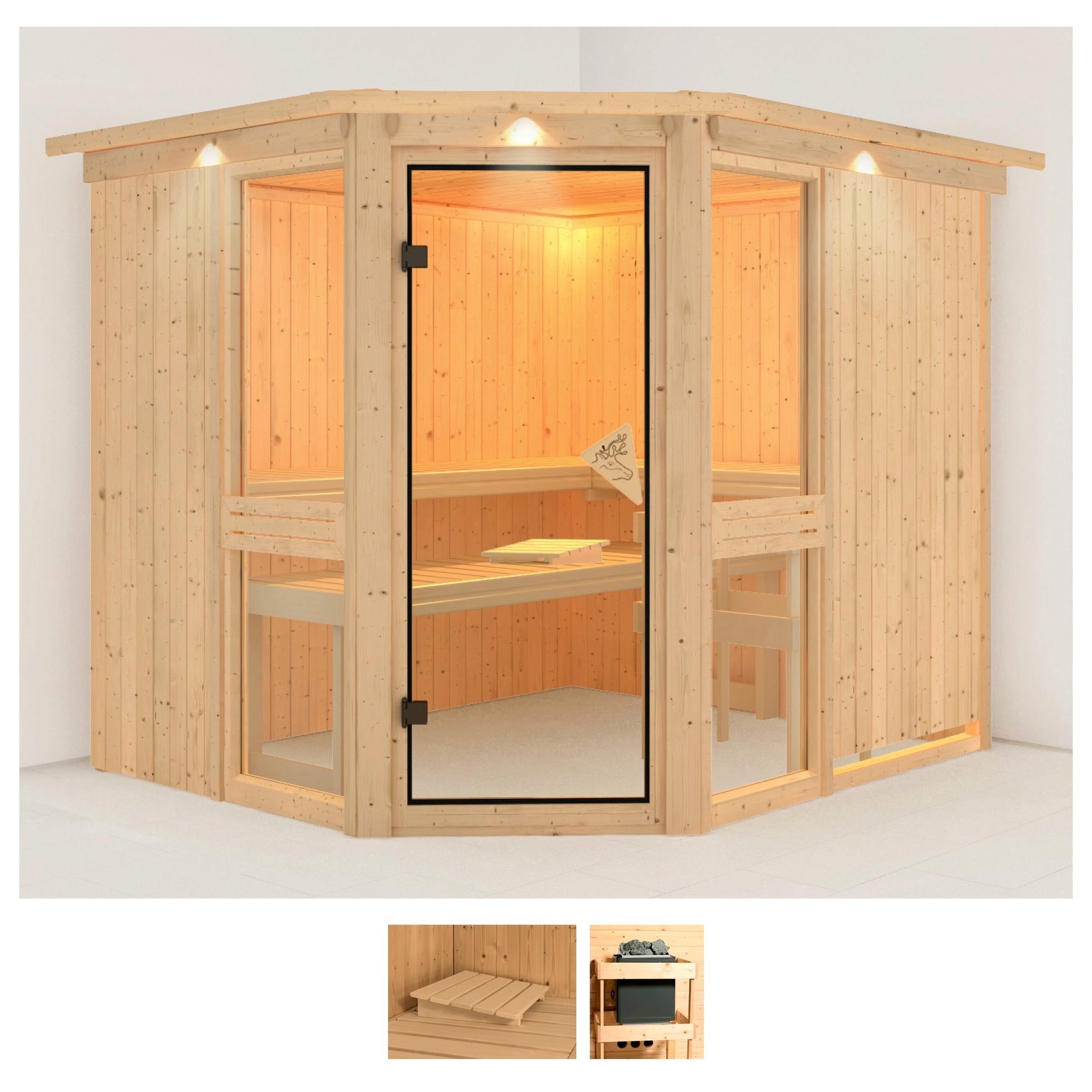 Sauna KARIBU "Aline 3", beige (naturbelassen), ohne Ofen, (ohne Ofen), Saunen, ohne Ofen Image