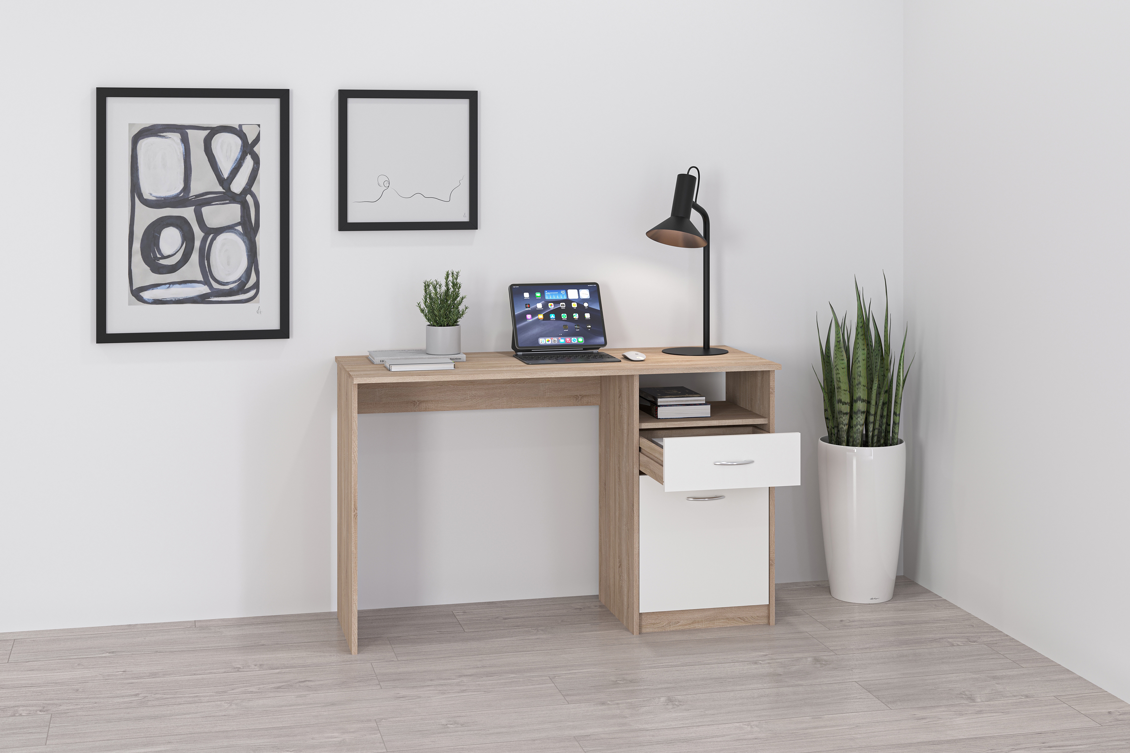 Schreibtisch FMD "Jackson", weiß (eichefarben, weiß), B:123cm H:76,5cm T:50cm, Tische, Bürotisch mit 1 Schubkasten und 1 Tür, 123 cm breit