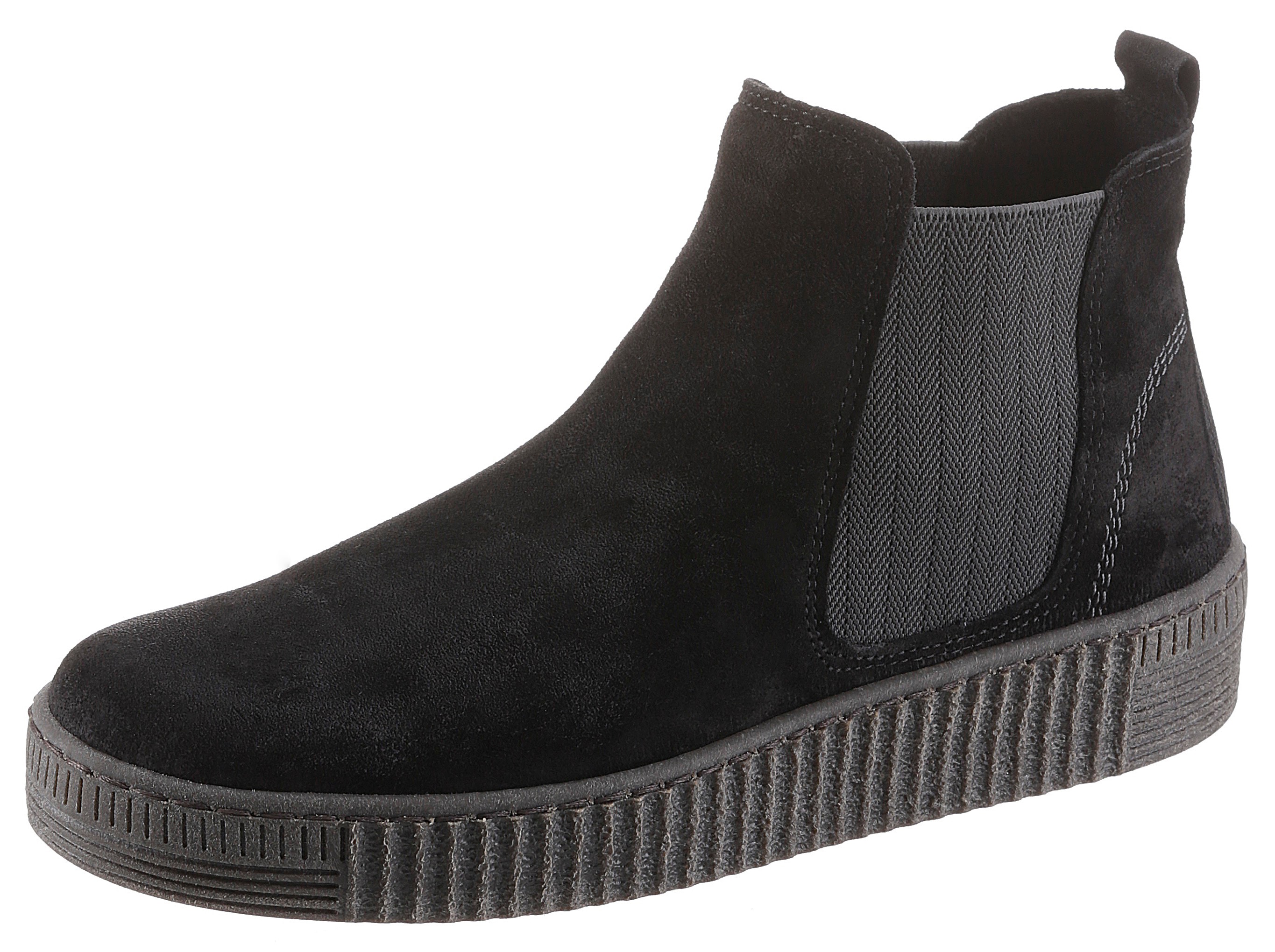 Chelseaboots GABOR, Damen, Gr. 40, schwarz (schwarz, schwarz), Veloursleder, unifarben, Schuhe Chelseaboots, Plateau, Stiefelette, Schlupfschuh mit dezenten Kontrastnähten