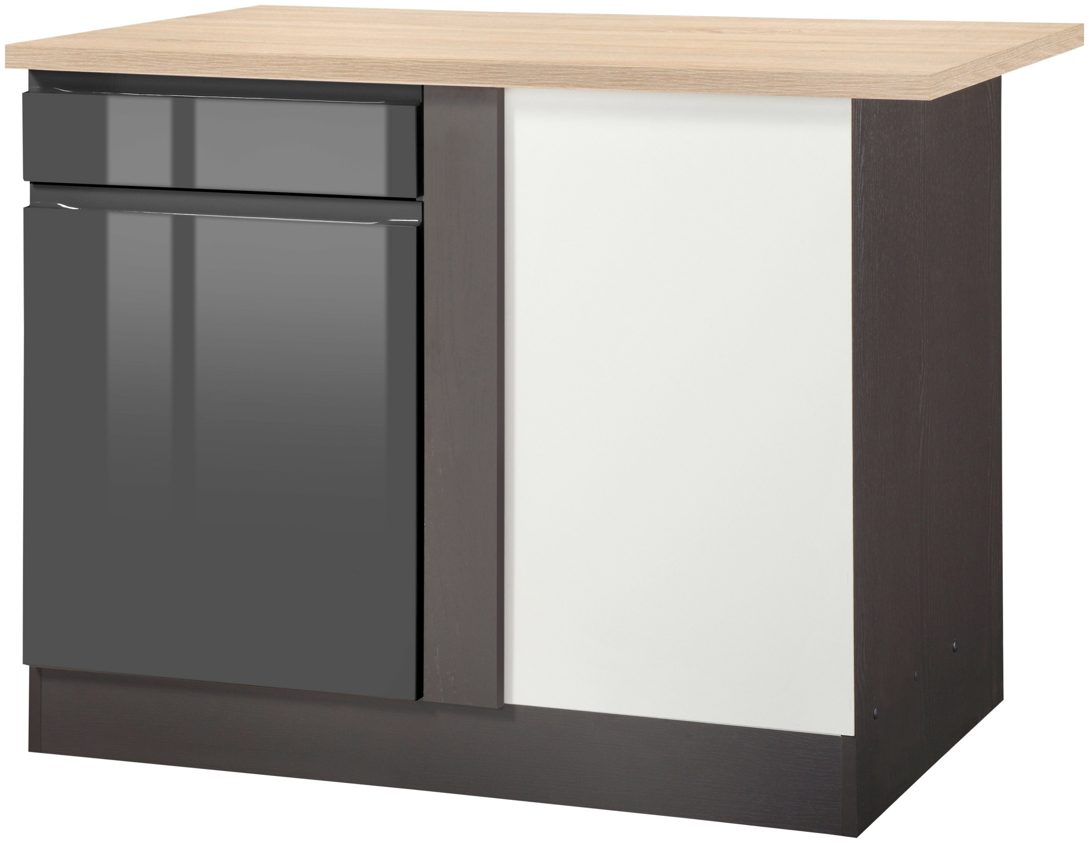 Eckunterschrank KOCHSTATION "KS-Virginia", grau (grau hochglanz), B:110cm H:85cm T:60cm, Holzwerkstoff, MDF, Schränke, Eckunterschrank, praktischer Stauraum in der Ecke