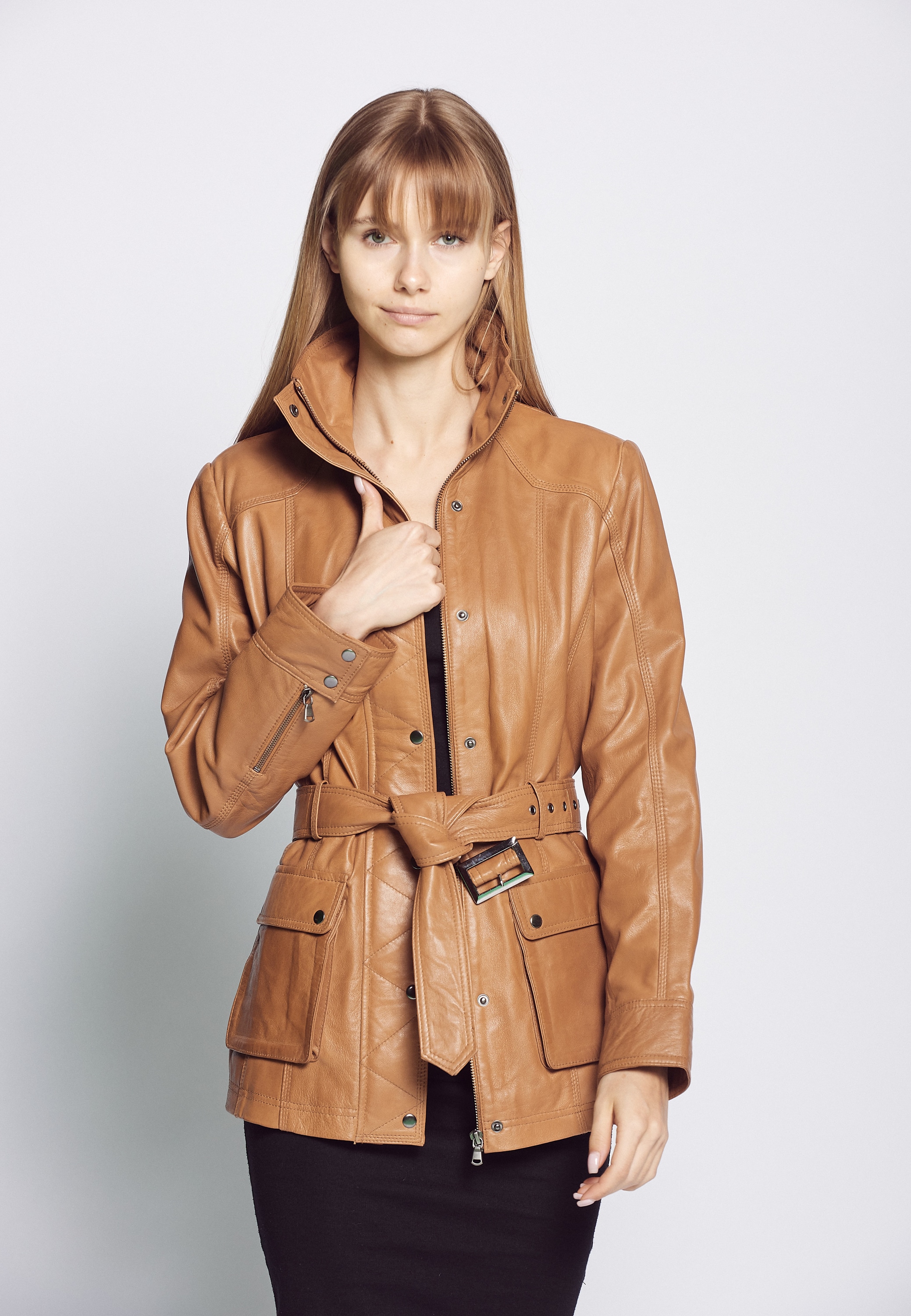 Bikerjacke JCC "R6382", Damen, Gr. 38, braun (cognac), Obermaterial: 100% Leder Lamm; Futter: 100% Polyester; Ärmelfutter: 100% Polyester, mit Knopf, Jacken Image