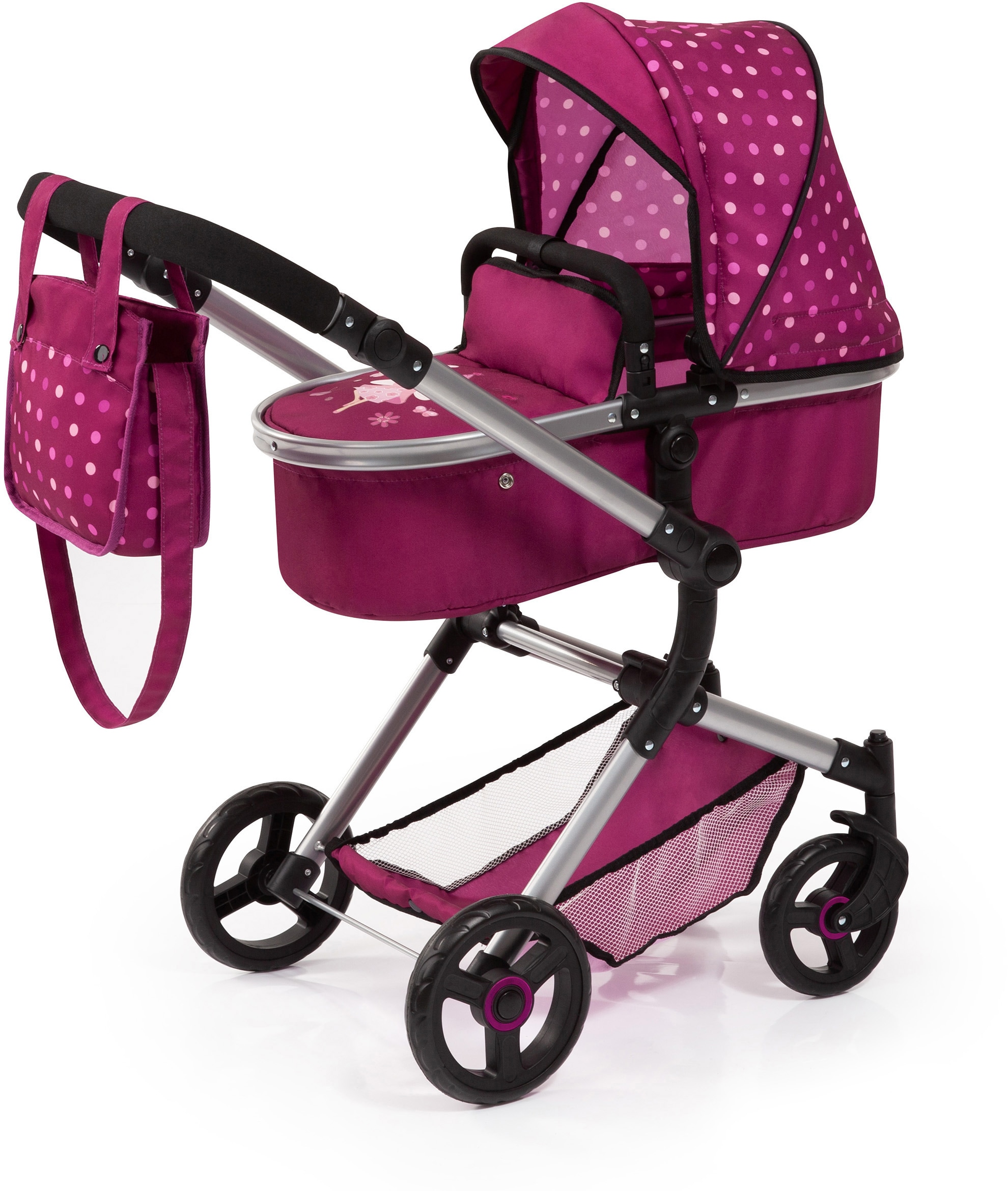 Kombi-Puppenwagen BAYER "Vario, Bordeaux", rot (bordeaux), Puppenwagen, KinderB:42cm H:86cm T:65cm, Kunststoff, Metall, inkl. Wickeltasche, B:42cm H:86cm T:65cm