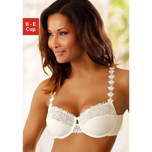 Bügel-BH NUANCE Gr. 90, Cup E, beige (creme) Damen BHs BH Bügel-BH Dirndl-BH Hochzeitsdessous Hochzeitswäsche Spitzen-BH Spitzenwäsche Balconette-BH Trachtenwäsche mit schöner Stickereispitze am Obercup und den Trägern, Dessous