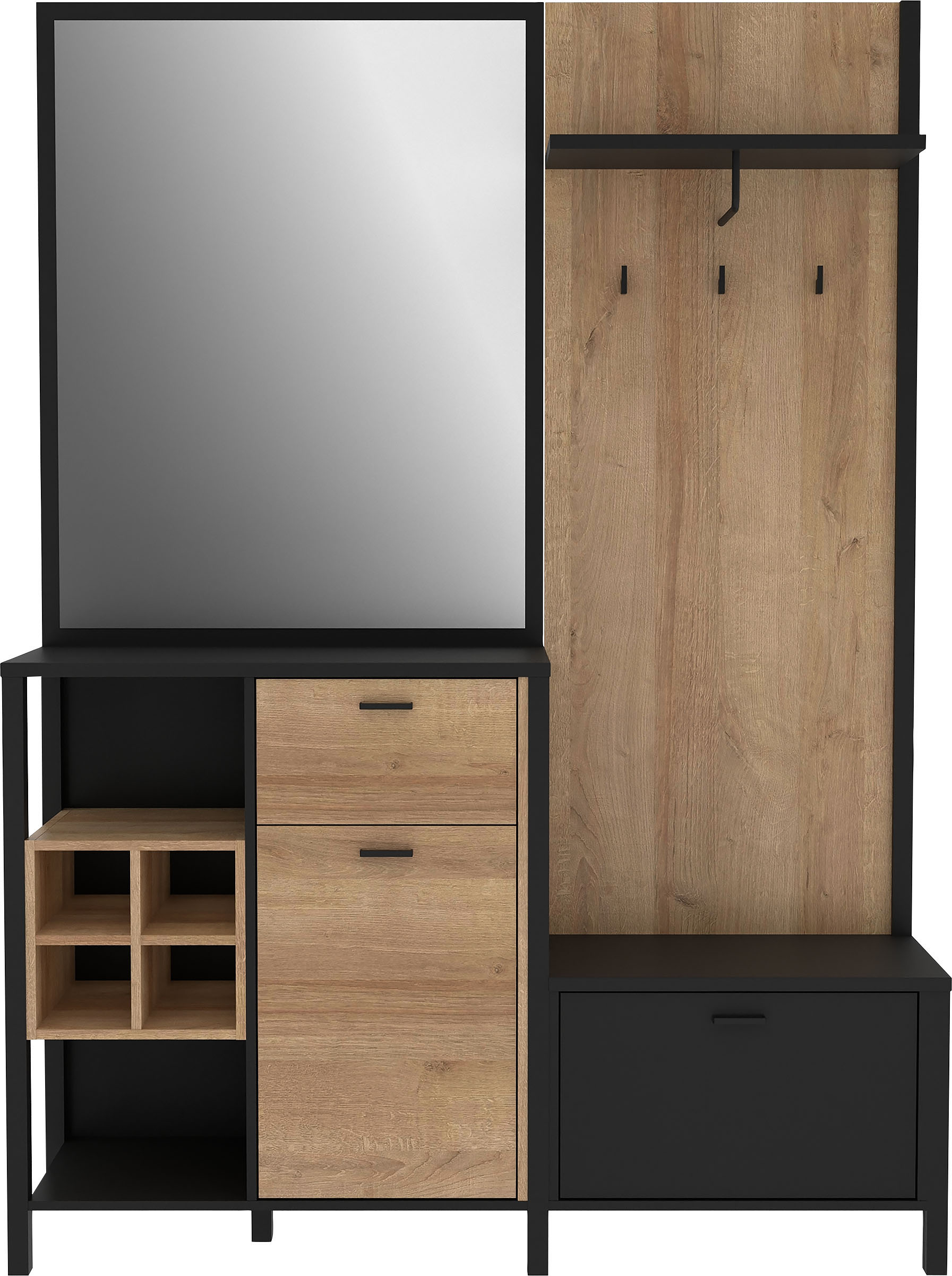 Kompaktgarderobe FORTE "High Rock", schwarz (schwarz, riviera eiche), B:144,5cm H:200cm T:40,2cm, Spanplatte, Schränke, Breite 144,5 cm