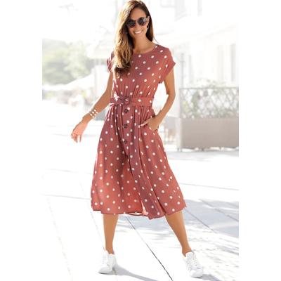 Midikleid LASCANA, Damen, Gr. 34, N-Gr, beige (marsala, creme, bedruckt), Web, Obermaterial: 100% Viskose, gepunktet, modisch, figurumspielend ca. Mitte Wade, Rundhals, Kurzarm Aufschlag, Kleider, mit Punktedruck und Taschen, Sommerkleid, Topseller Image
