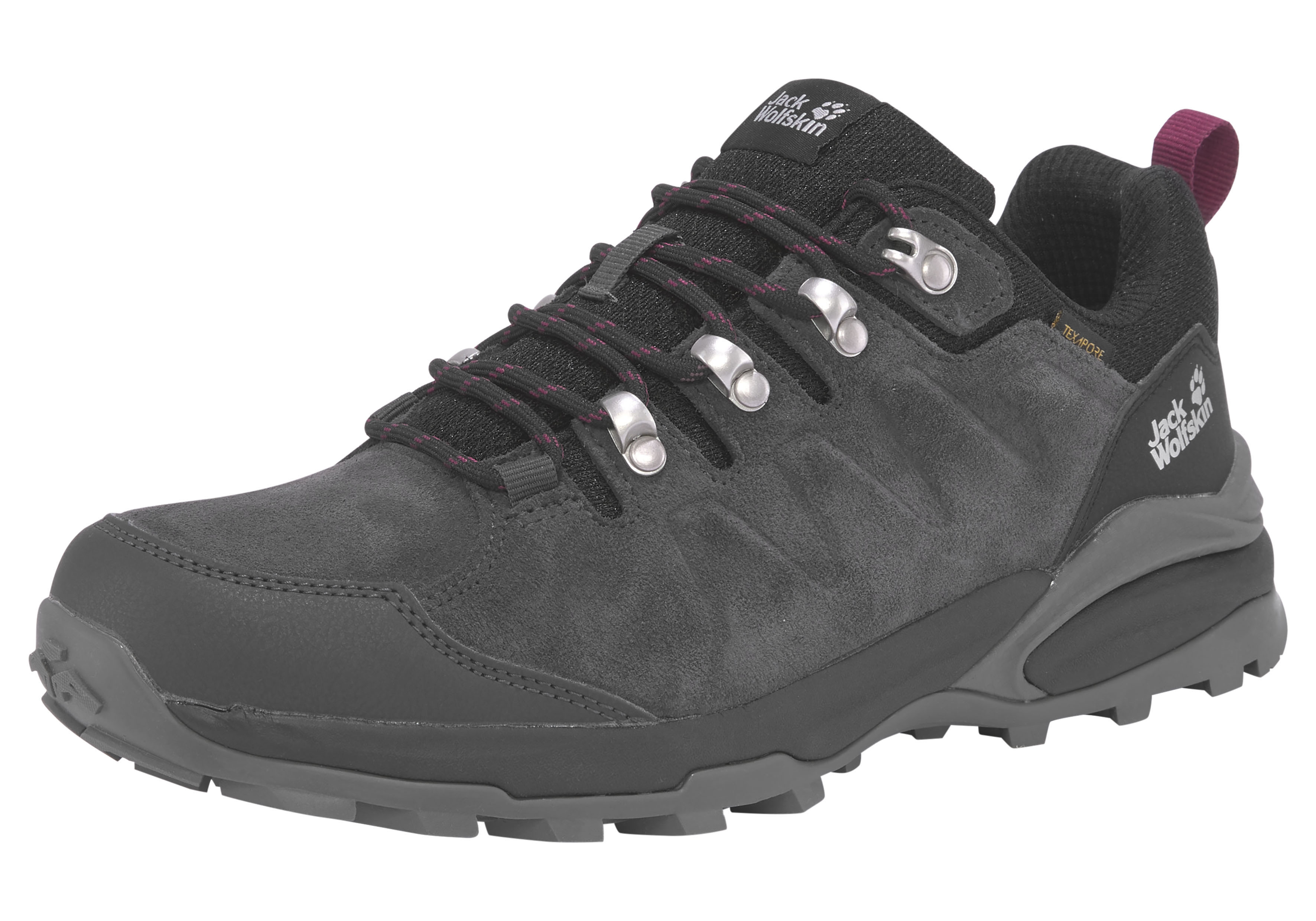 Wanderschuh JACK WOLFSKIN "REFUGIO TEXAPORE LOW W", Damen, Gr. 42, schwarz, Textil, Veloursleder, Schuhe Wanderschuh, Wasserdicht, Trekkingschuh