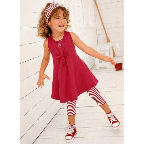 Kleid, Leggings & Haarband KIDSWORLD Gr. 128/134, rot (rot, weiß) Mädchen KOB Set-Artikel Spar-Sets Capri und Haarband maritim geringelt