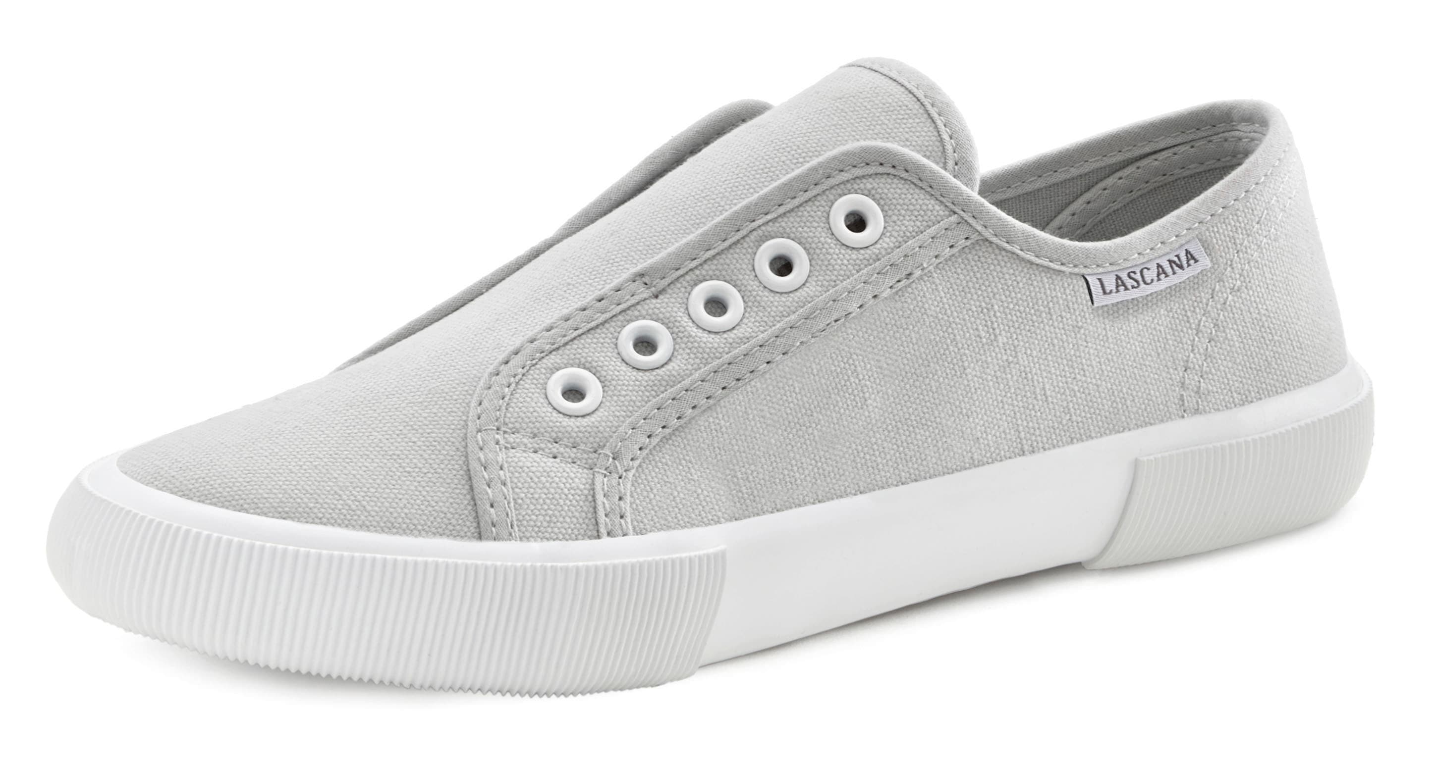 Sneaker LASCANA, Damen, Gr. 42, grau (hellgrau), Obermaterial: 100% Textilmaterial. Decksohle: 100% Textilmaterial. Futter: 100% Textilmaterial. Laufsohle: 100% Synthetik, unifarben, Schuhe Damenschuh Skaterschuh Sneaker low Slip-on-Sneaker...