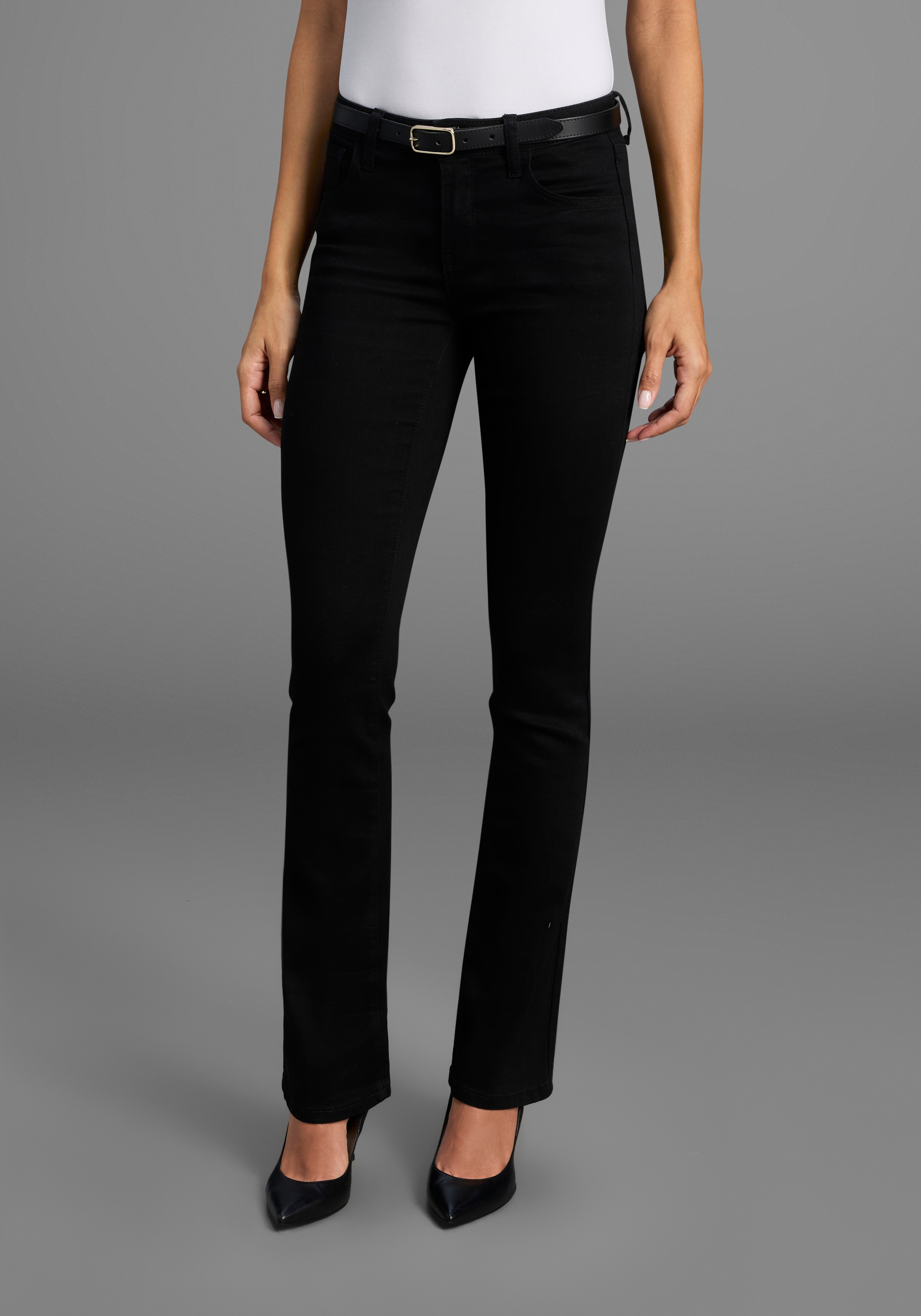 Bootcut-Jeans ARIZONA "Ultra-Stretch", Damen, Gr. 84, K + L Gr, schwarz (schwarz schwarz), Denim/Jeans, Obermaterial: 74% Baumwolle, 24% Polyester, 2% Elasthan, Basic, extraeng lang, Jeans, normale Passform, Baby-Bootcut, Used-Look-Waschung, Topseller Image