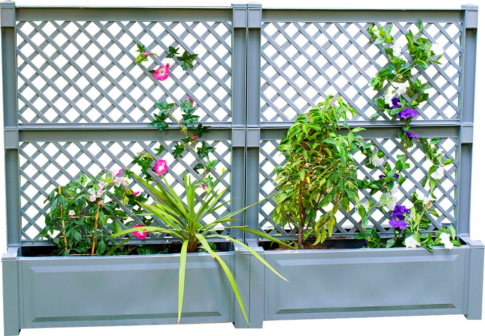 Spalier KHW "aus witterungsbeständigem Kunststoff", grau, B:200cm H:140cm T:43cm, Kunststoff, Rankhilfen, 2er-Set Pflanzkästen, 2x100 cm Breite, mit je einem Spalier