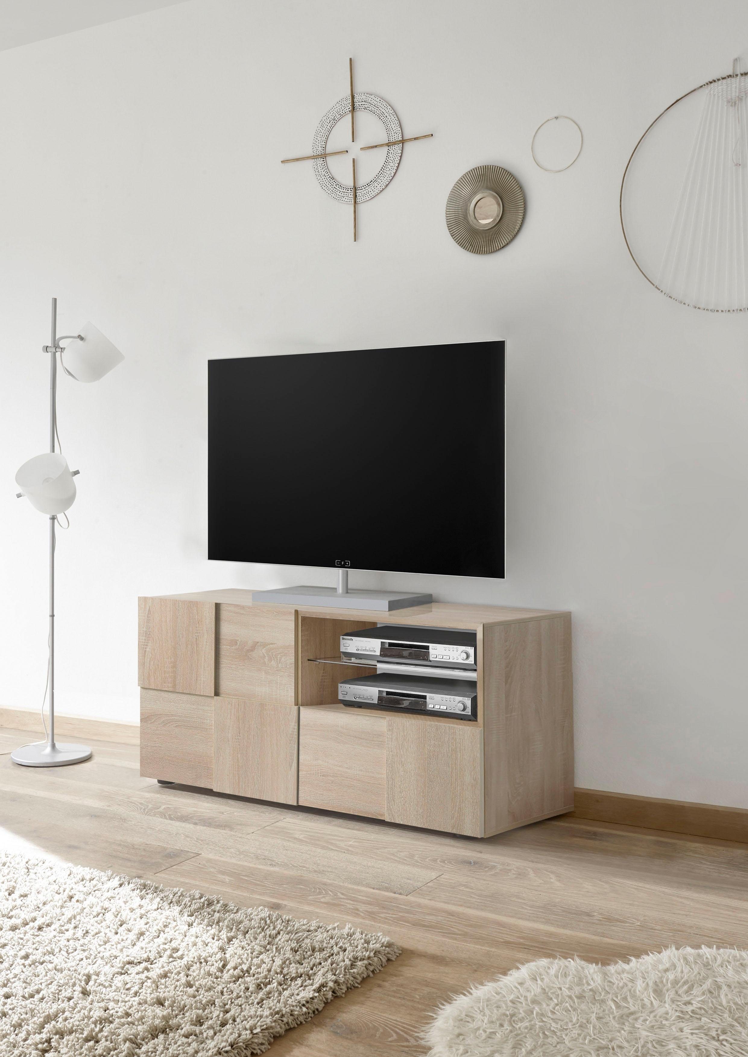 Lowboard INOSIGN "Dama Breite 121 cm, TV-Board 1 Tür, 1 Schubkasten, TV-Schrank", braun (eiche sonoma), Sideboards, Lowboard, Front in 3D-Optik, grifflos, verschiedene Farben