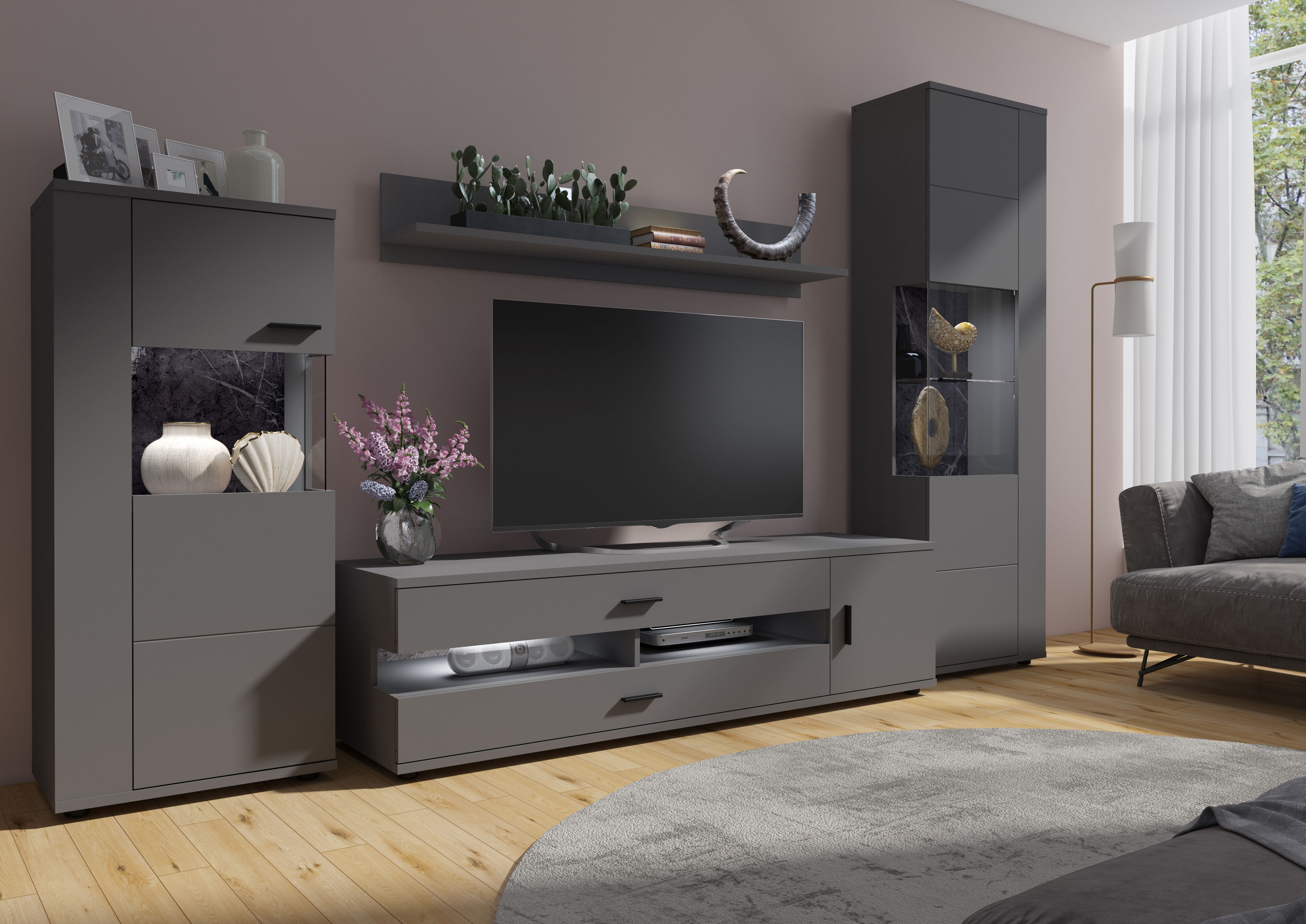 Wohnwand INOSIGN "Henley", grau (graphit grau), Kastenmöbel-Sets, mit Glastüren, Topseller